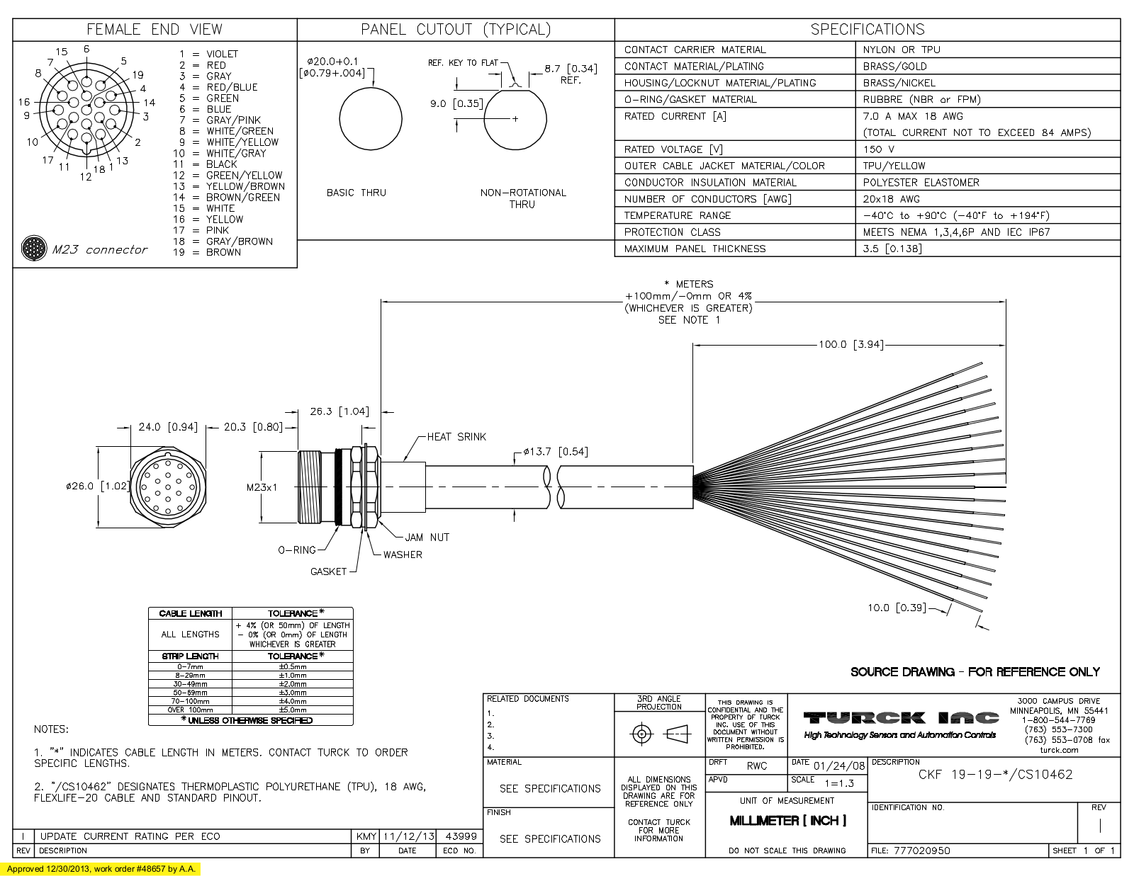 Turck CKF19-19-1/CS10462 Specification Sheet