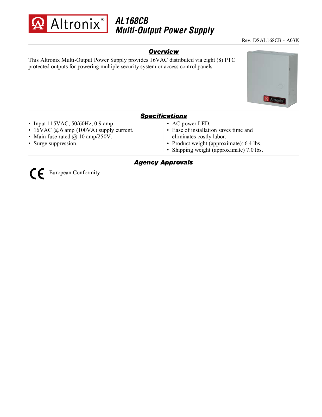 Altronix AL168CB Specsheet