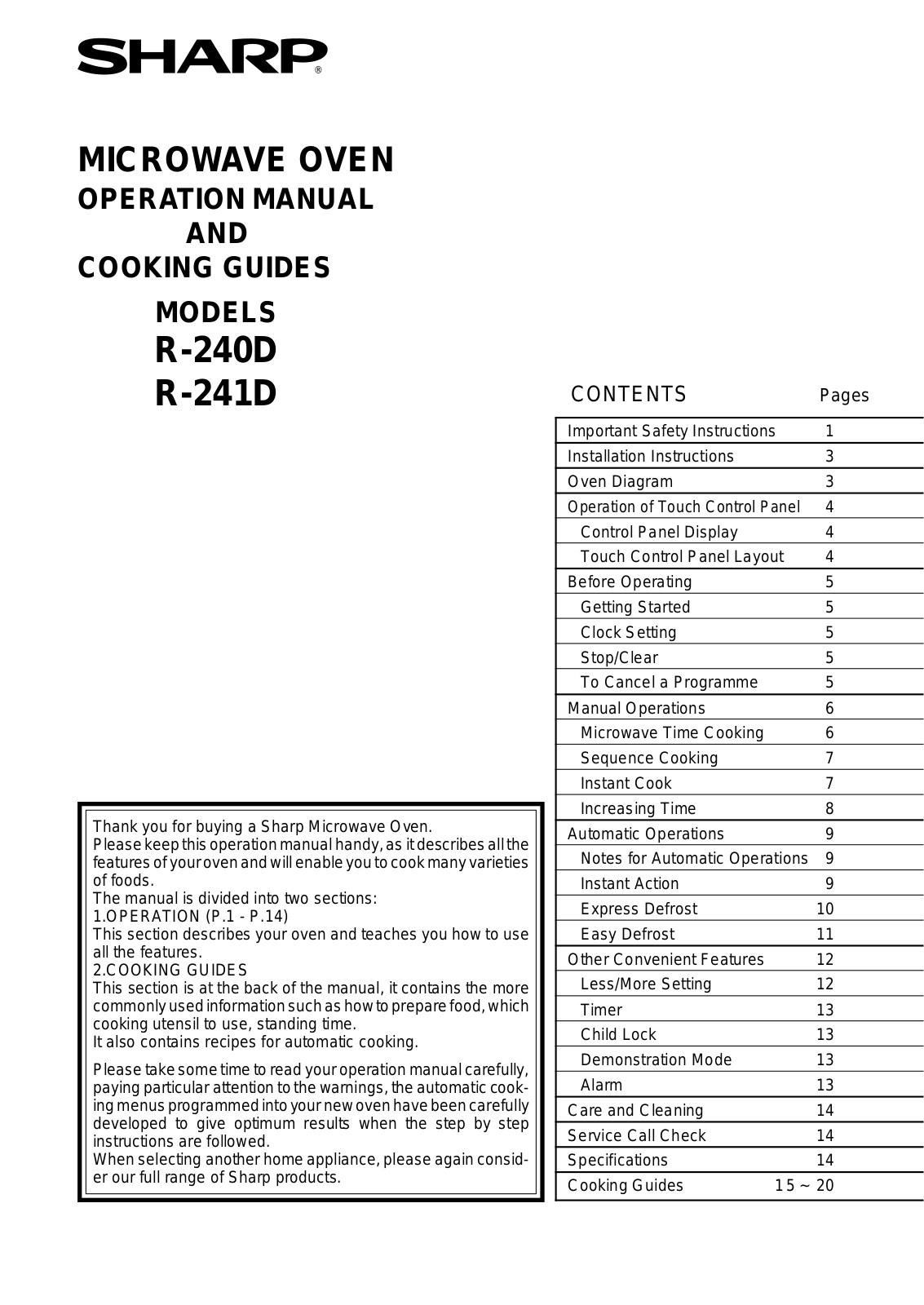 Sharp R-240D, R-241D User Manual