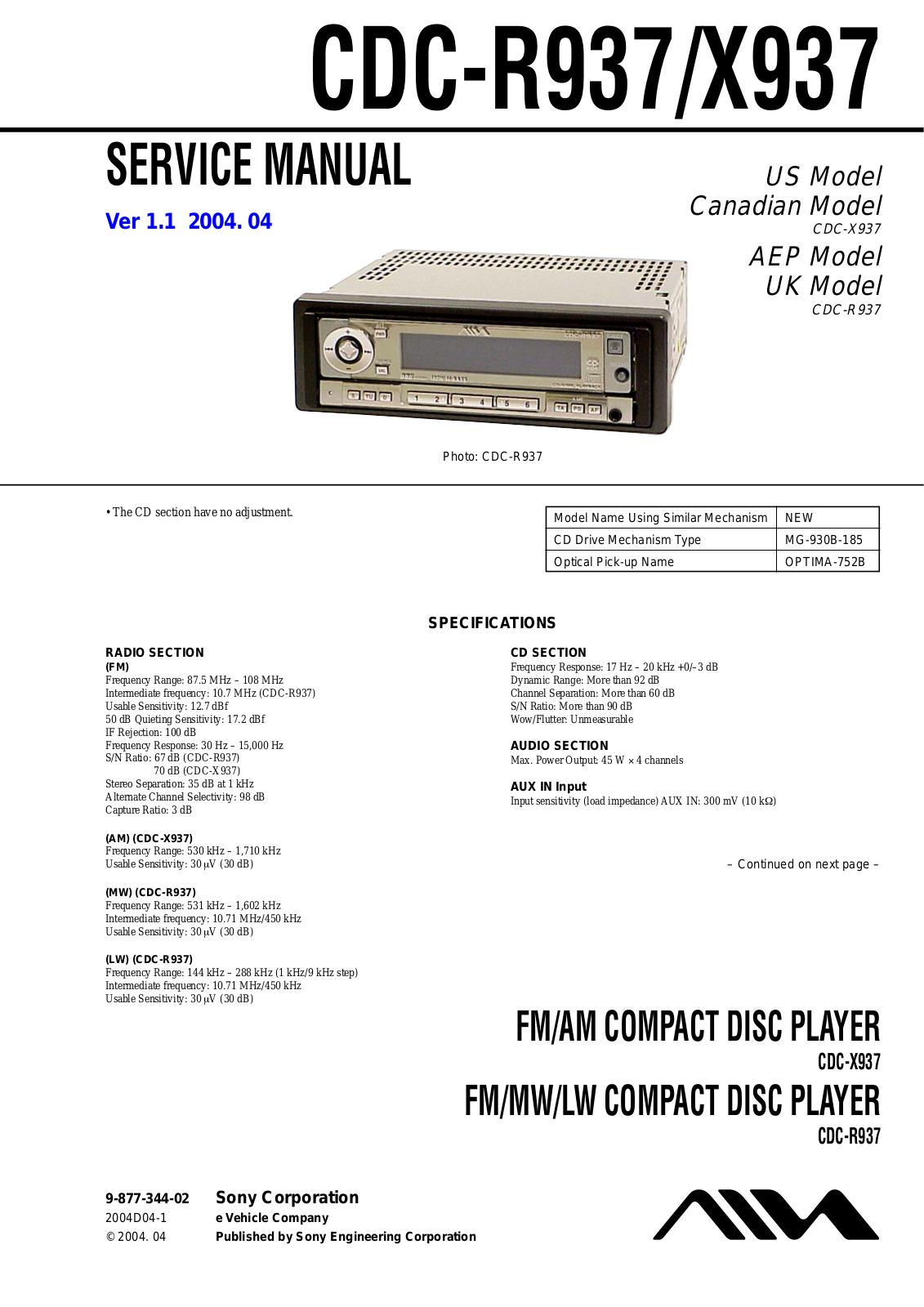 Sony CDCX-937, CDCR-937, CDCX-937 Service manual