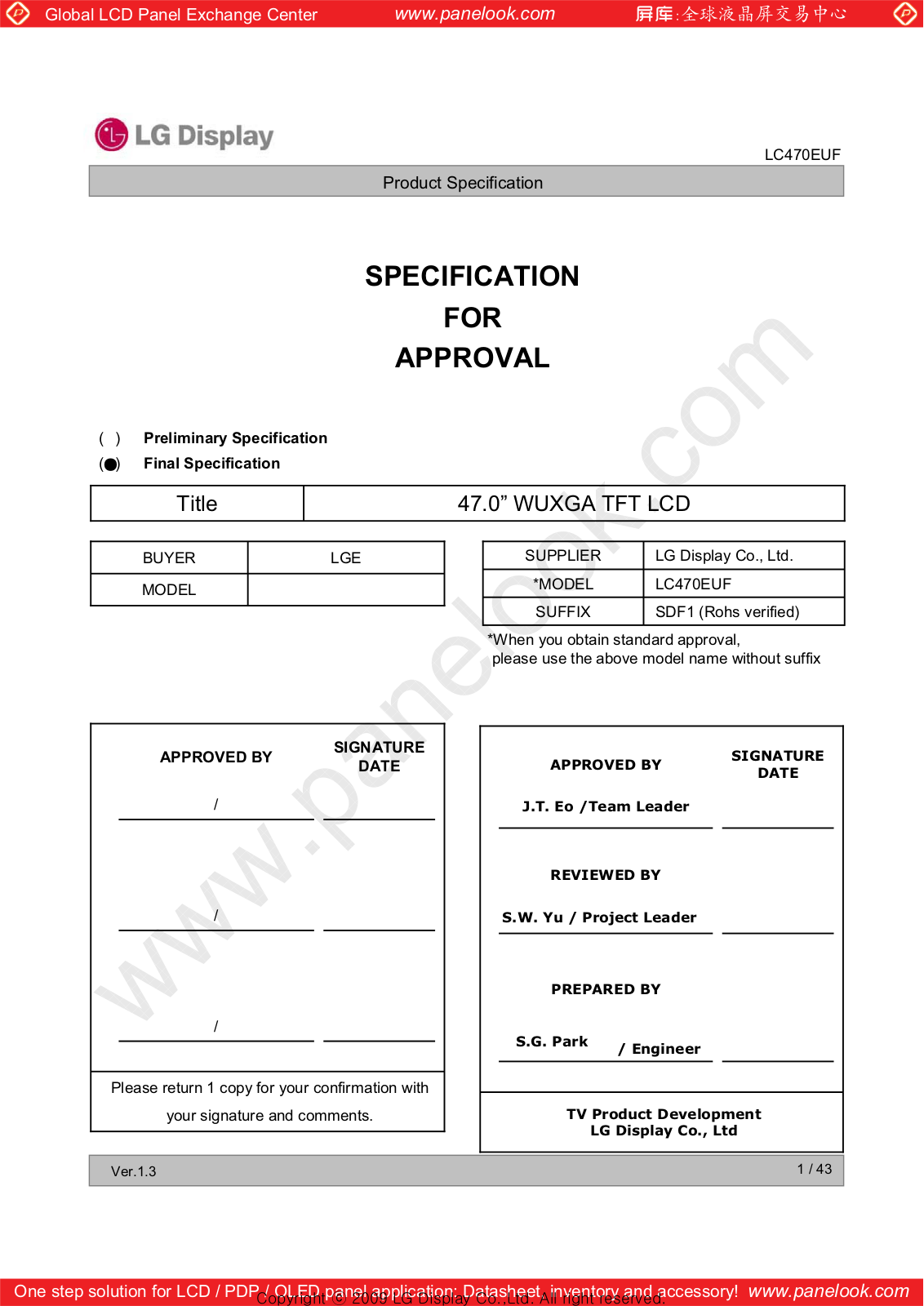 LG Display LC470EUF-SDF1 Specification