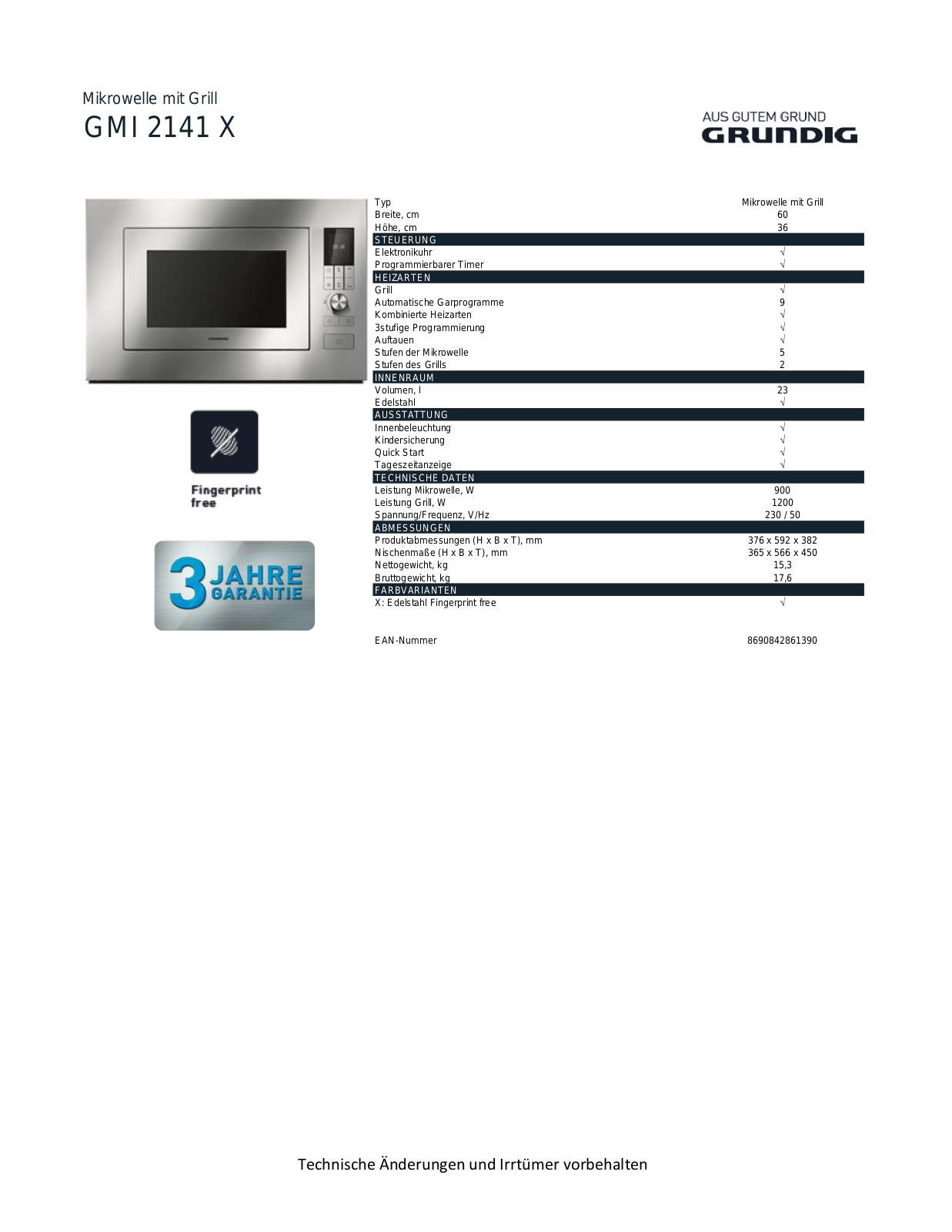 Grundig GMI 2141 X Technical data