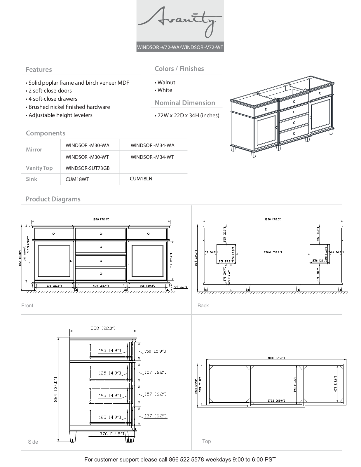 Avanity WINDSORVS72WTB Specifications