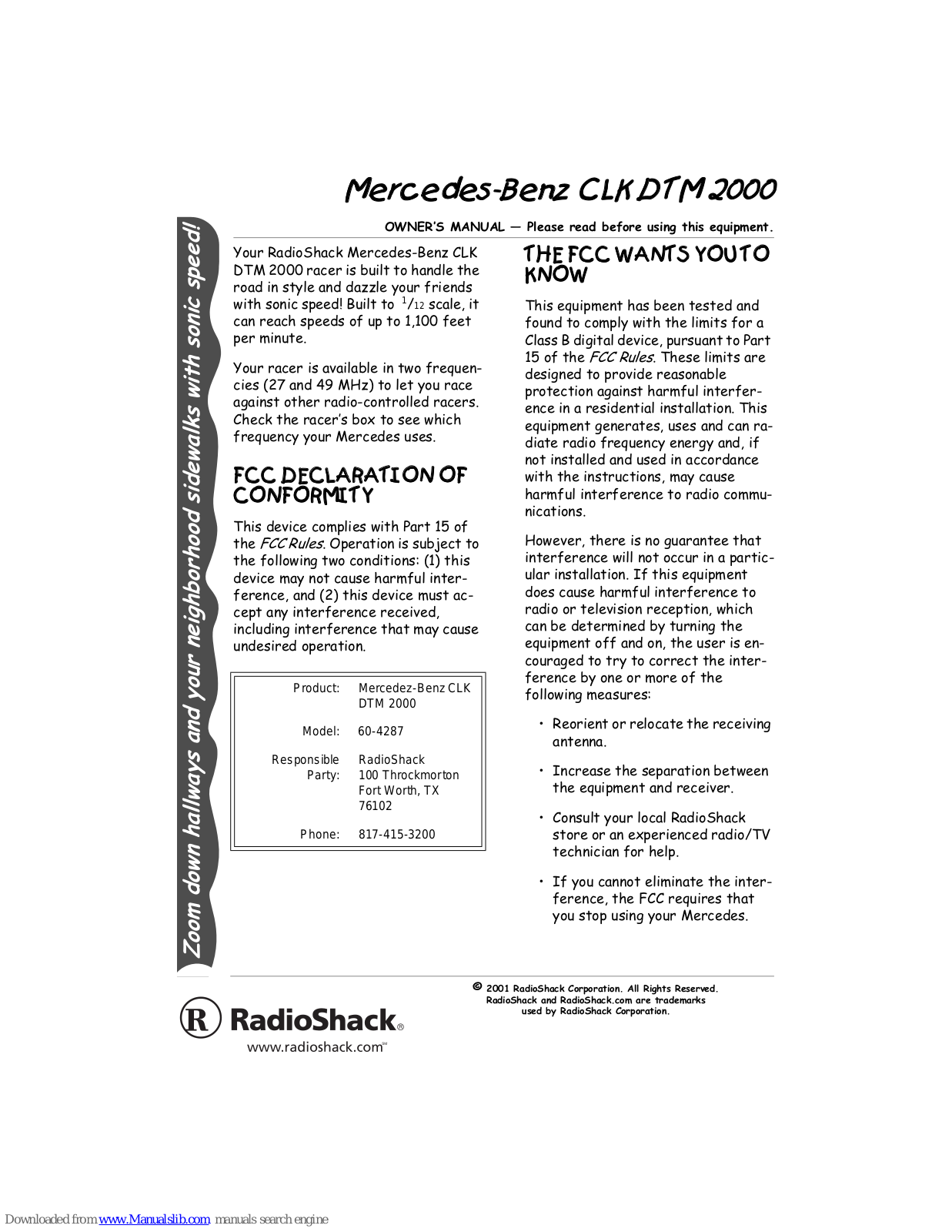 Radio Shack Mercedez-Benz CLK DTM 2000 Owner's Manual