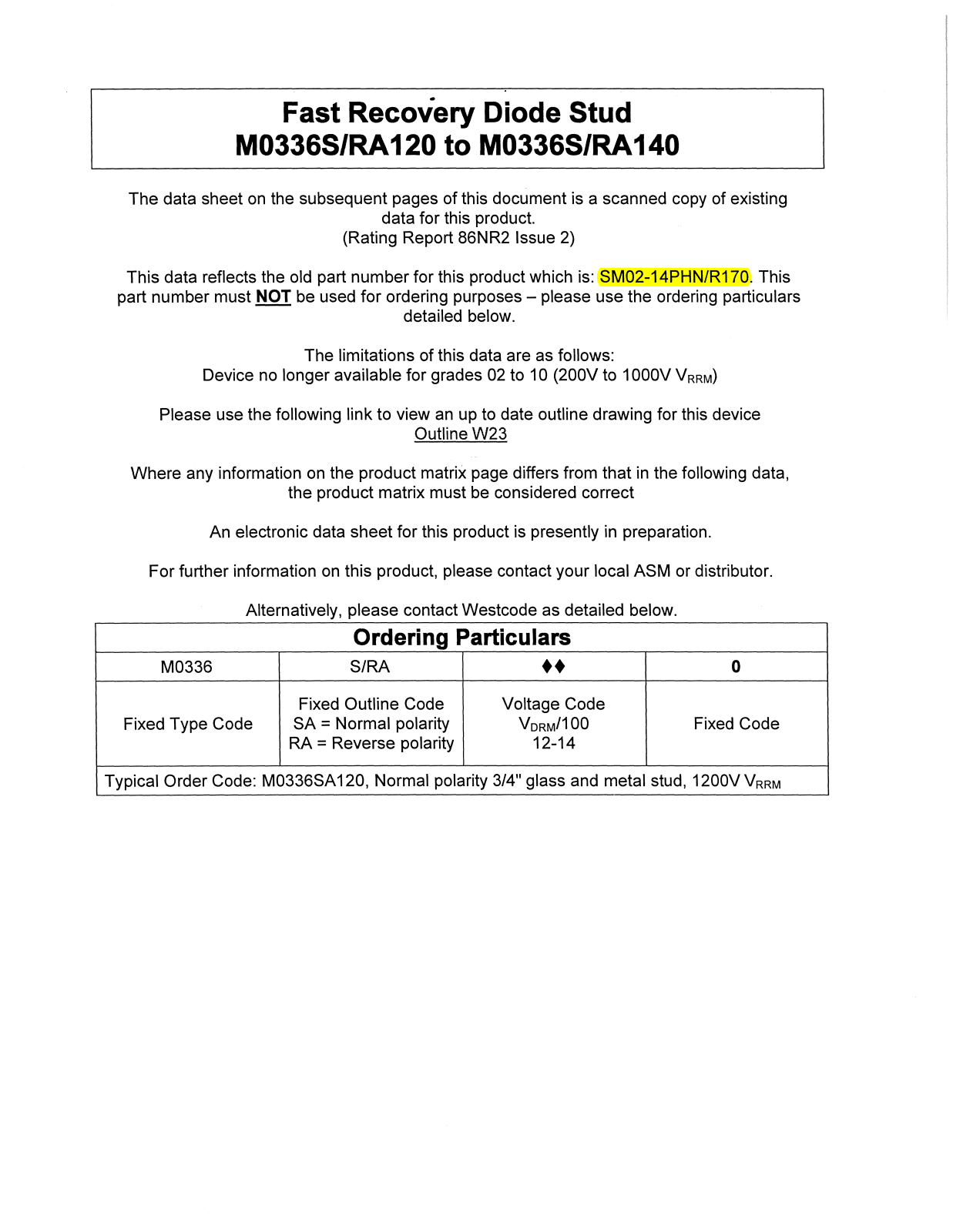 Datasheet M0336S120, M0336S140, M0336RA120, M0336RA140 Datasheet (Westcode Semiconductors) - ManualMachine.com