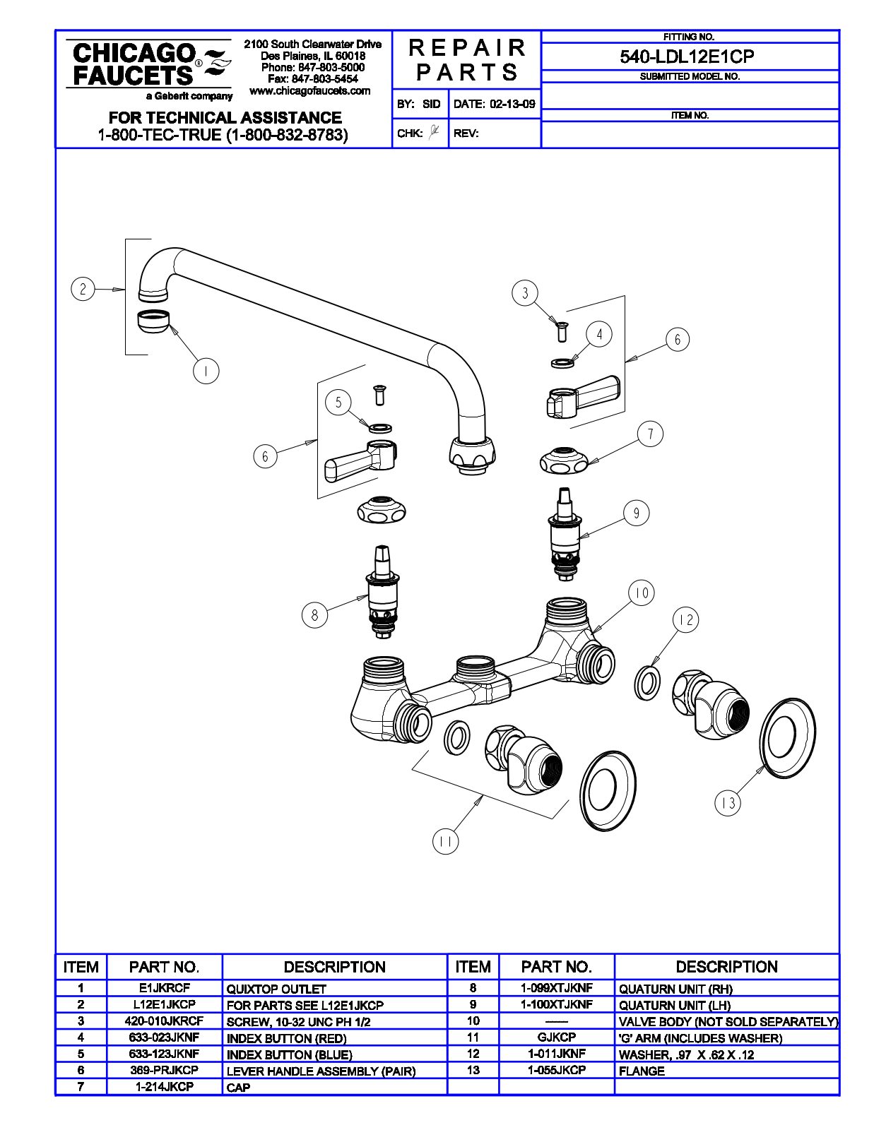 Chicago Faucet 540-LDL12E1 Parts List