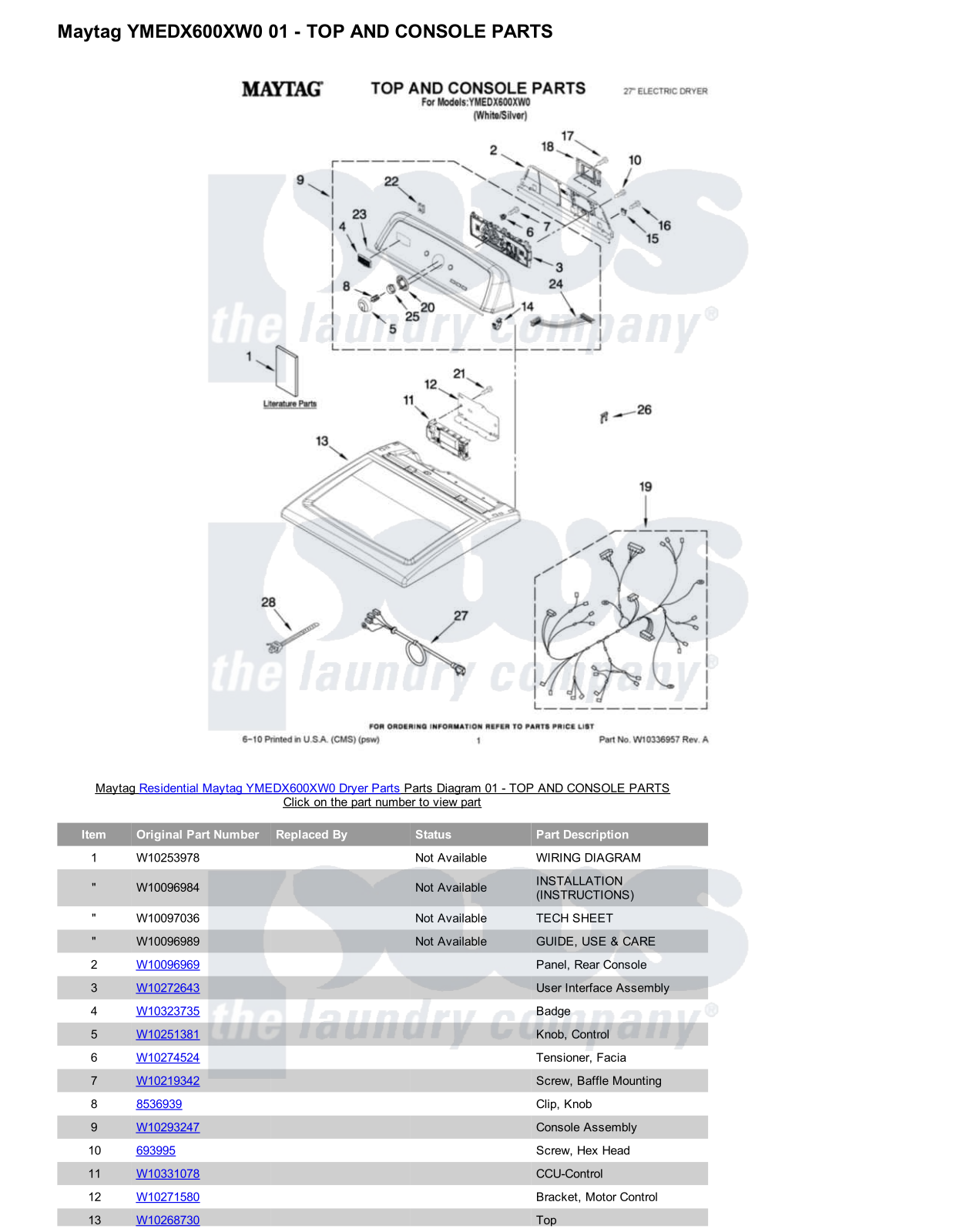 Maytag YMEDX600XW0 Parts Diagram