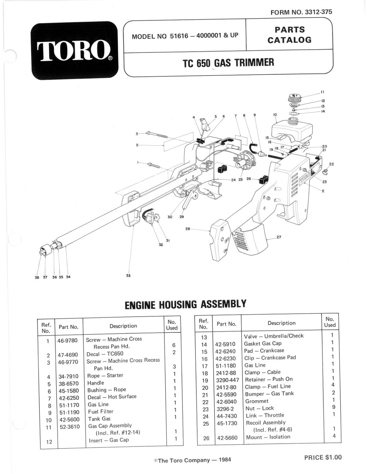 Toro 51616 Parts Catalogue