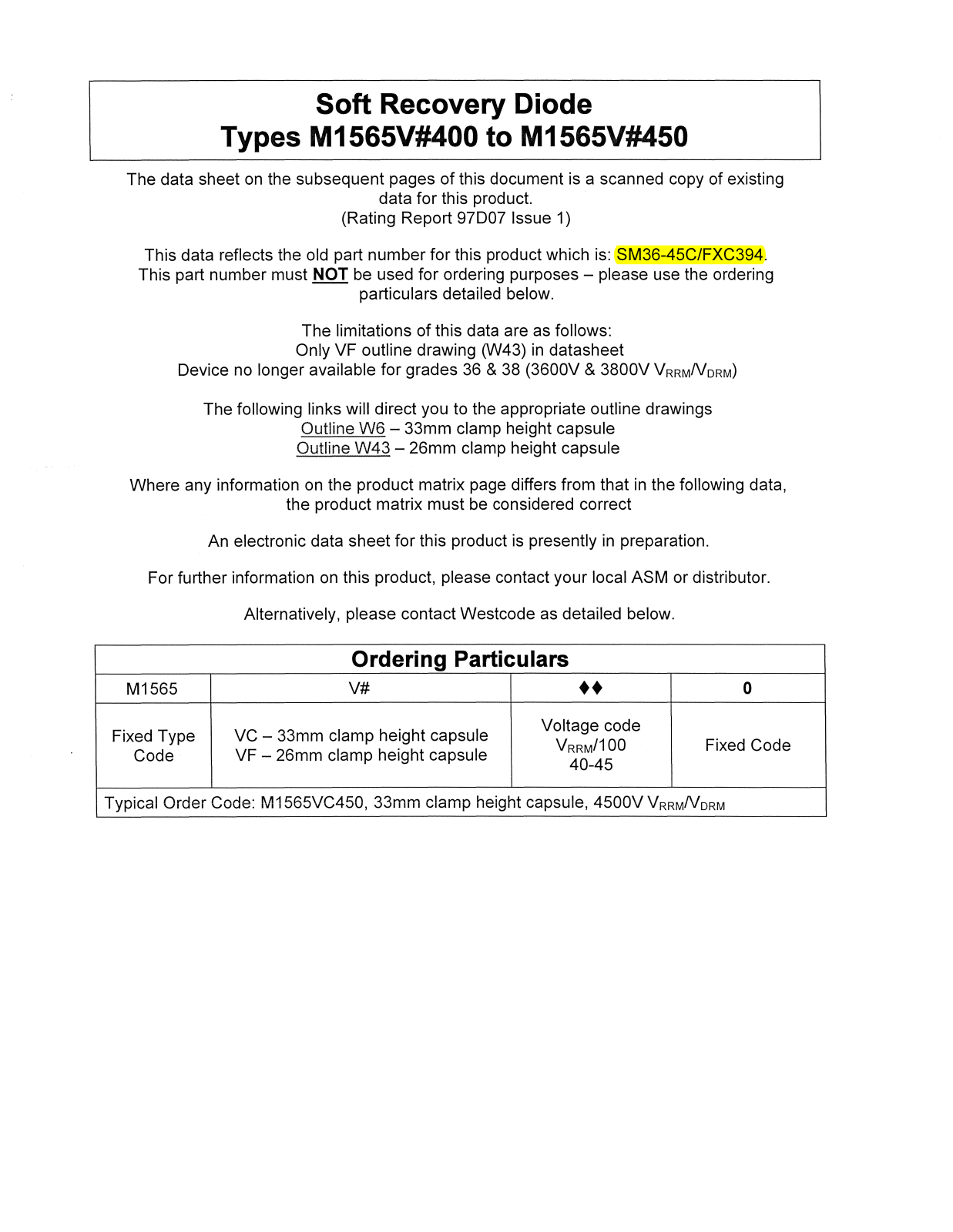 Datasheet M1565V#400, M1565V#450 Datasheet (Westcode Semiconductors) - ManualMachine.com