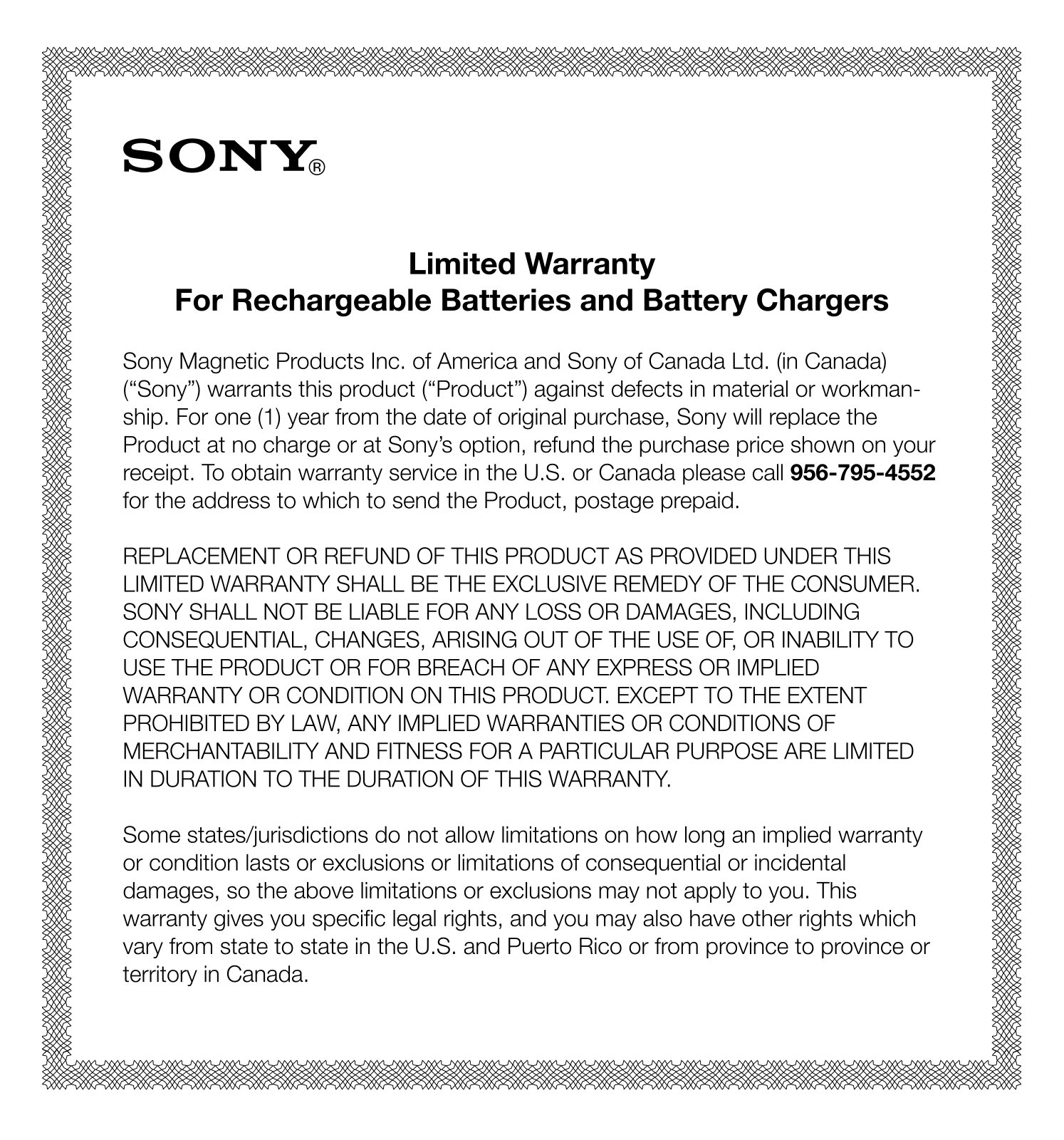 Sony CP-F1LS, CP-F2LS, CP-A2L, CP-ELS Limited Warranty