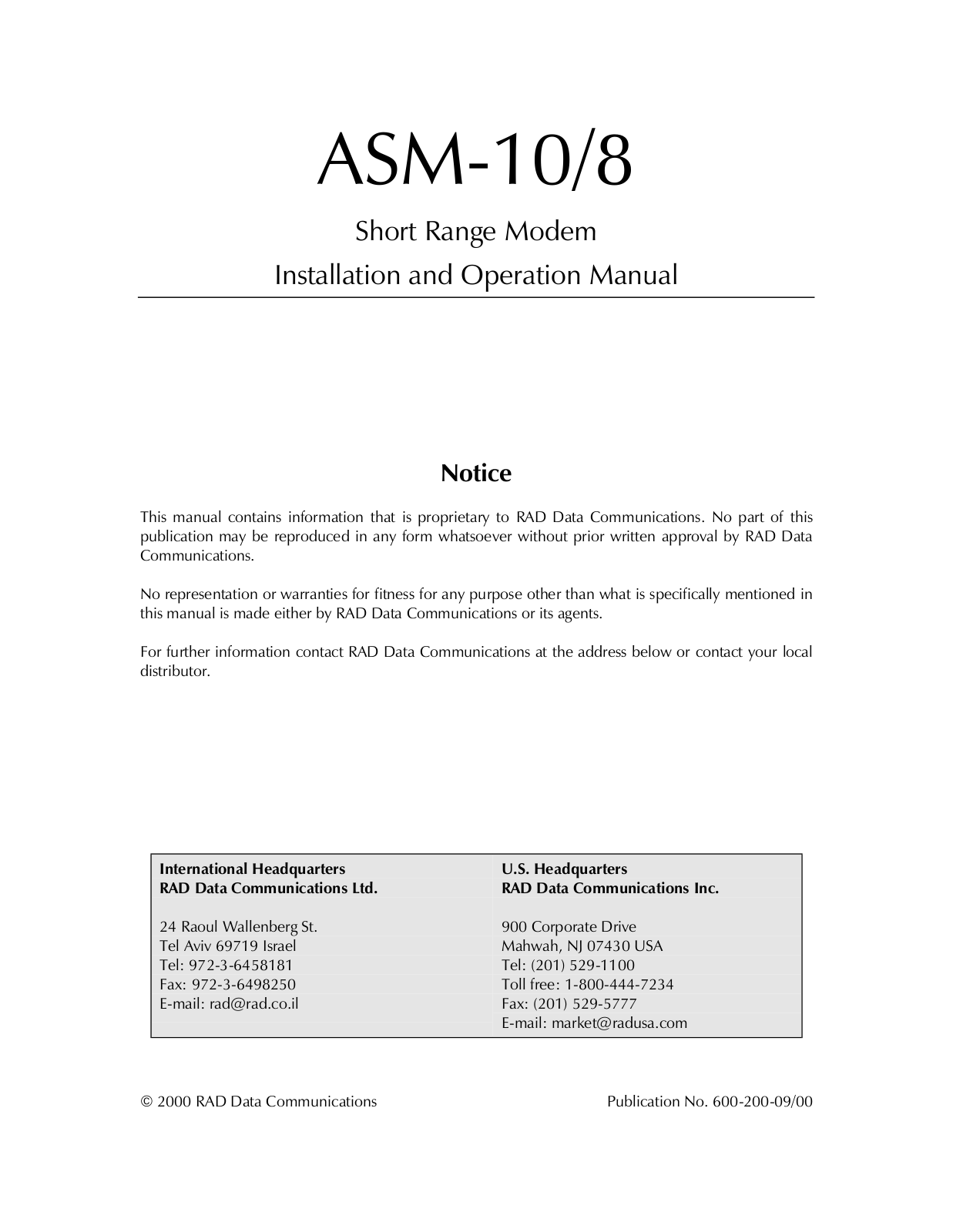 RAD Data comm ASM-10-8 User Manual