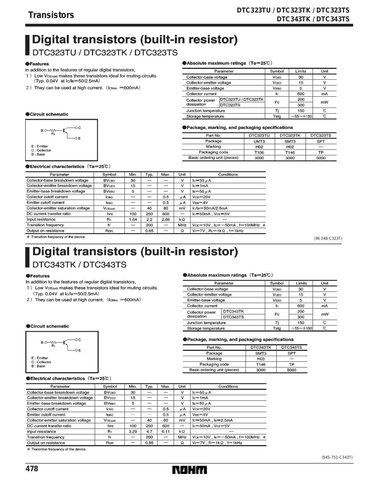 ROHM DTC323TS, DTC323TK, DTC343TS, DTC343TK, DTC323TU Datasheet