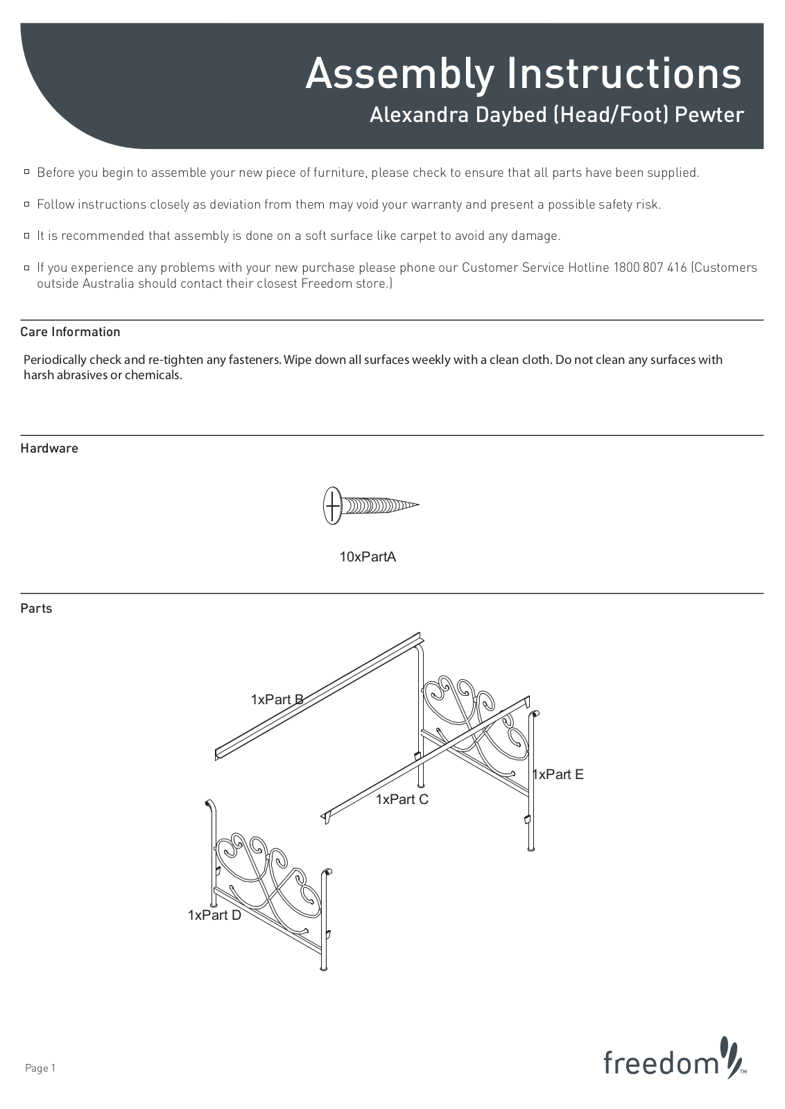 Freedom Alexandra Daybed Pewter Assembly Instruction