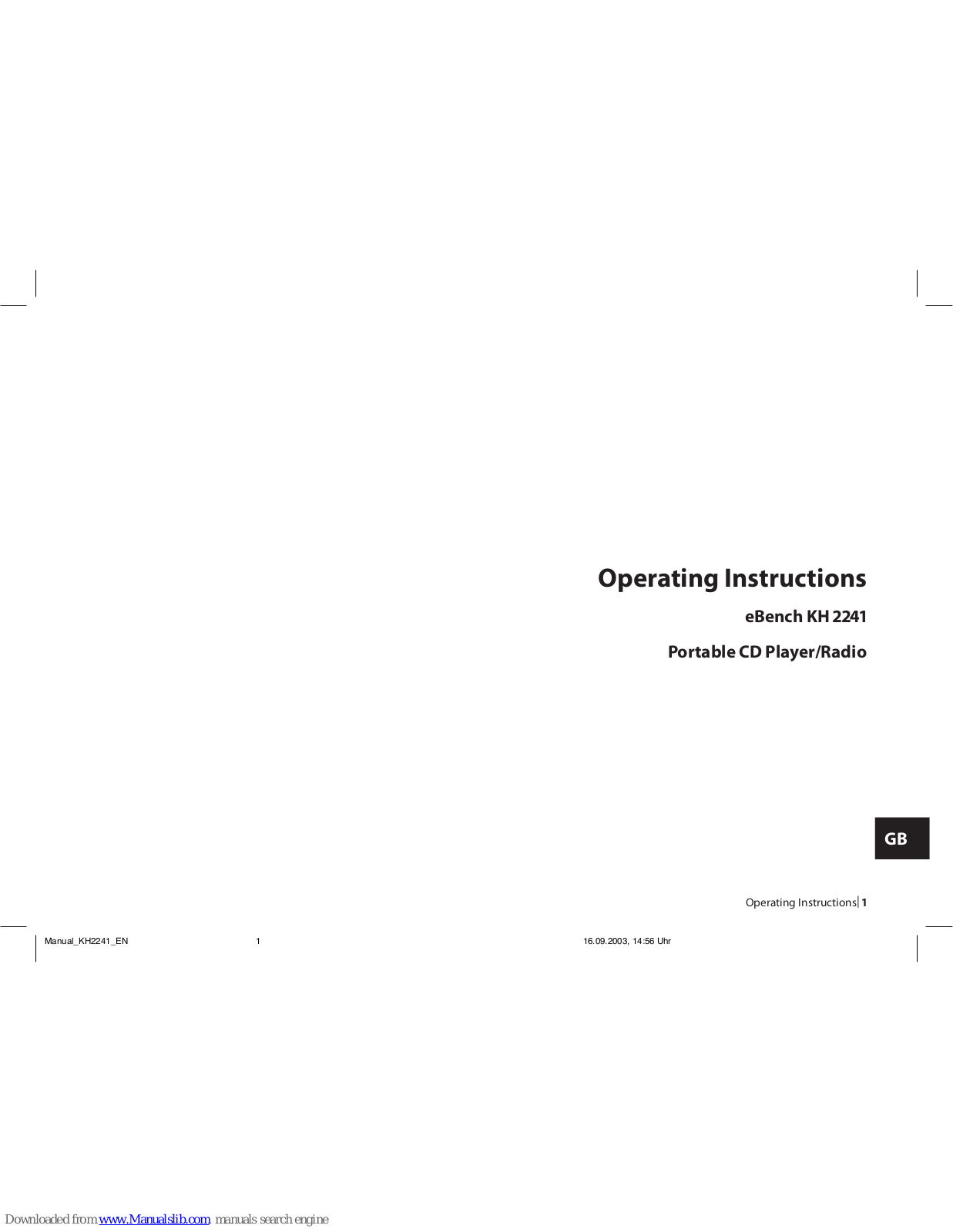 E-Bench eBench KH 2241, KH 2241 Operating Instructions Manual