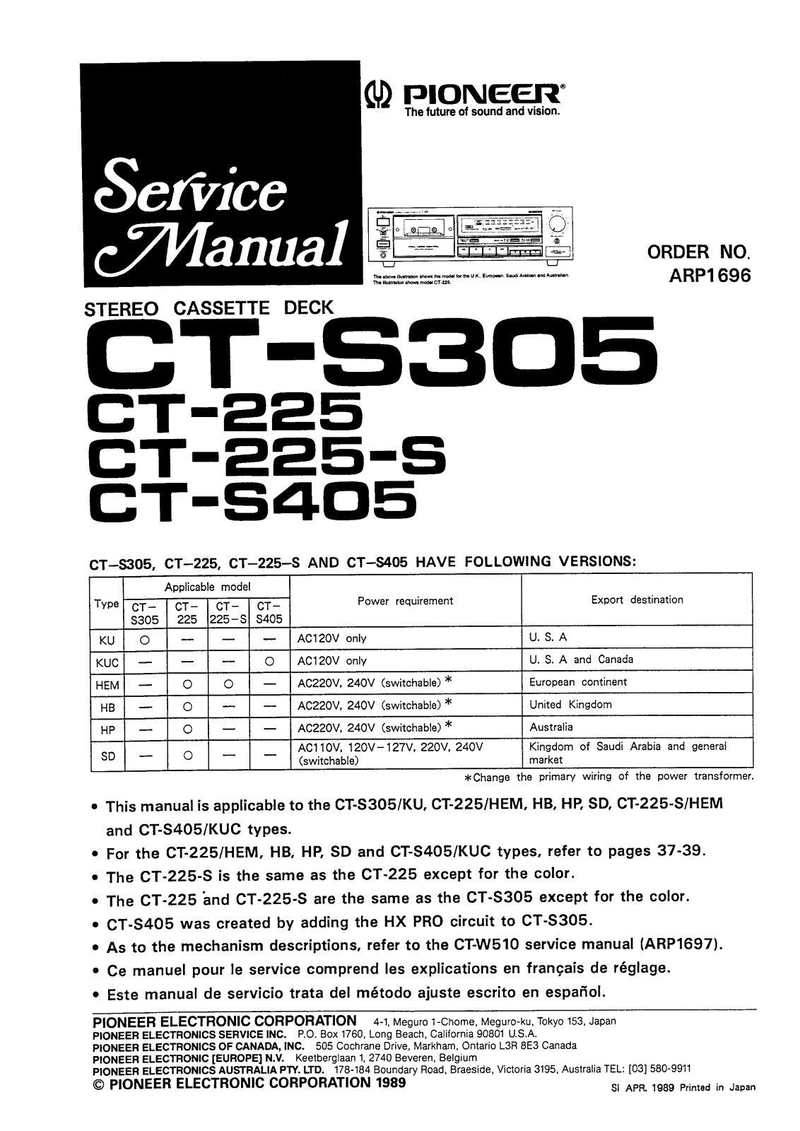 Pioneer CT-225, CT-S305, CT-225-S, CT-S405 Service Manual