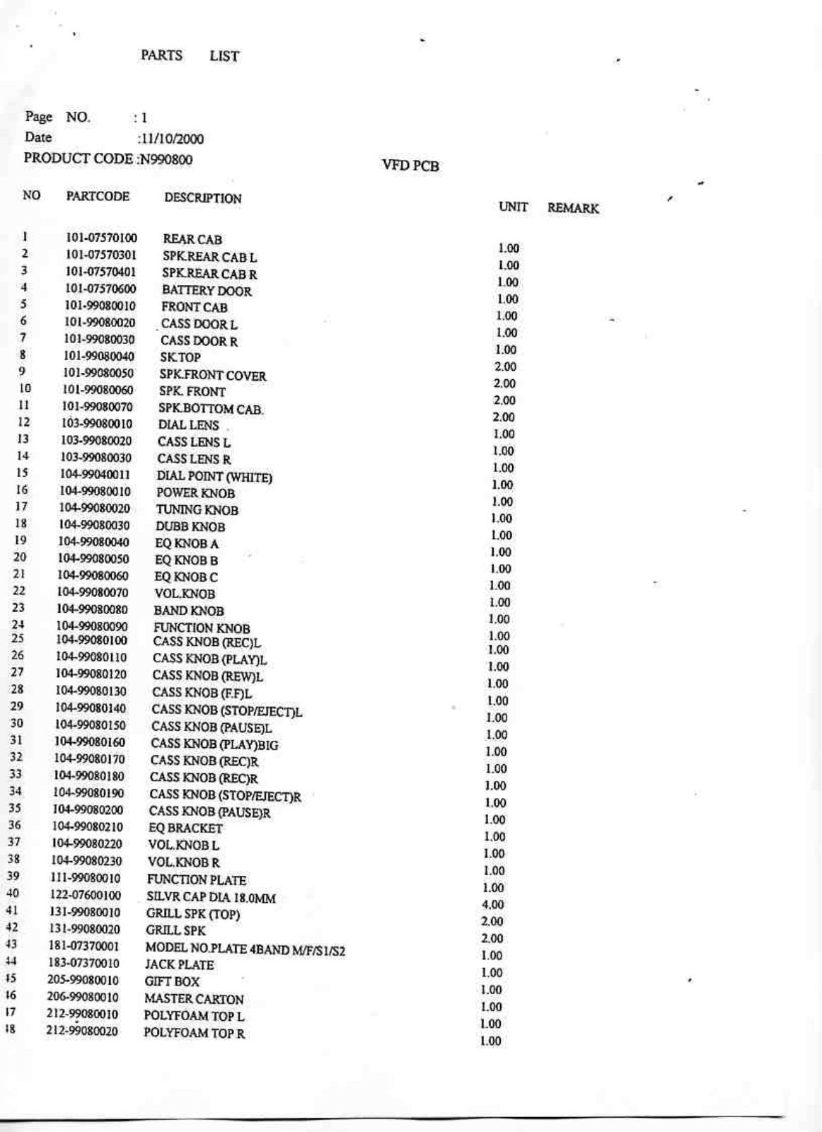 Vitek VT-3420 Parts List