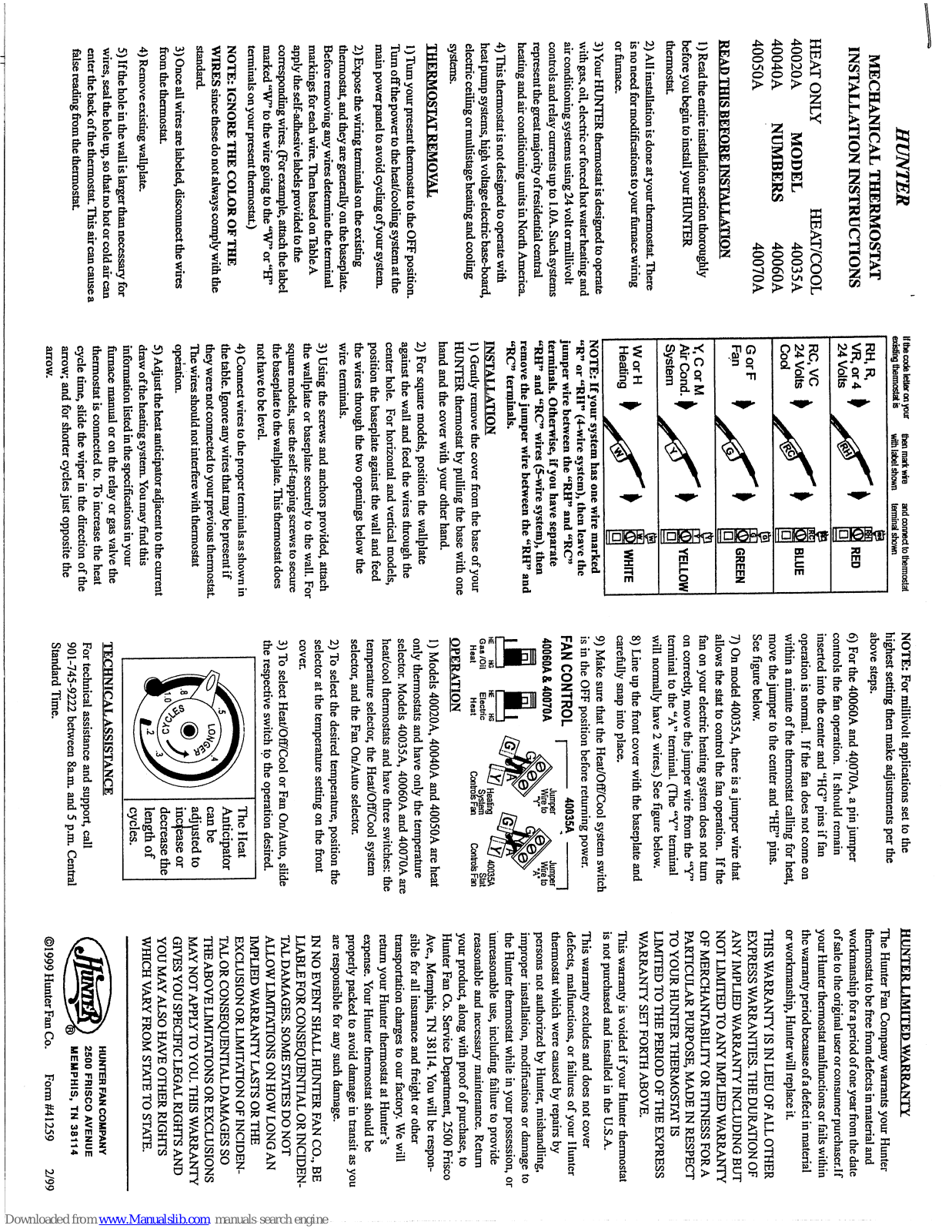 Hunter 40020A, 40050A, 40040A, 40035A, 40060A Installation Instructions Manual - ManualMachine.com