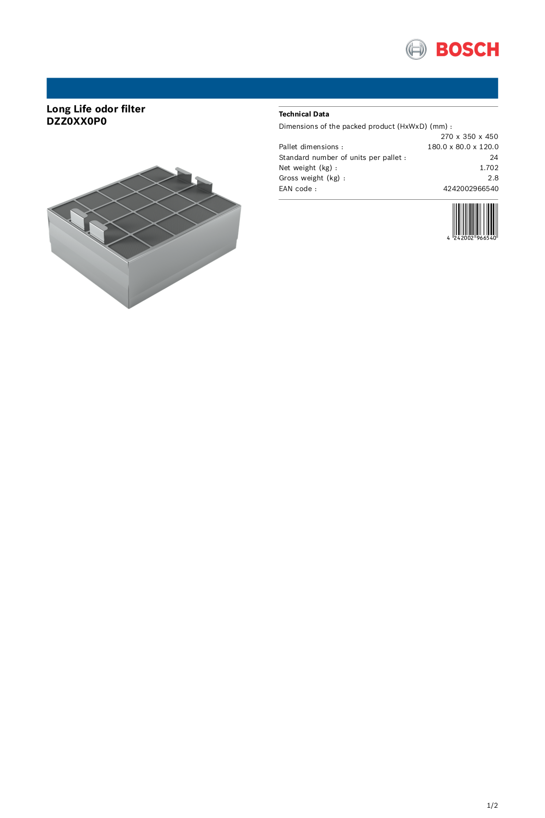 Bosch DZZ0XX0P0 Product spec sheet