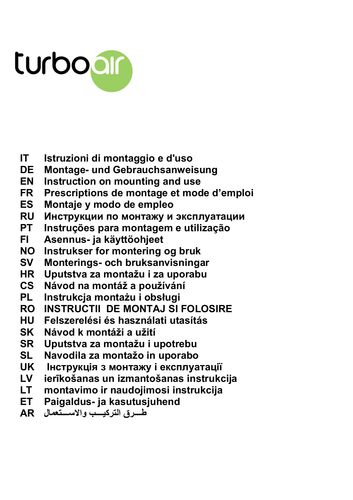 Turboair Sofia, Sempione, Pantheon User Manual