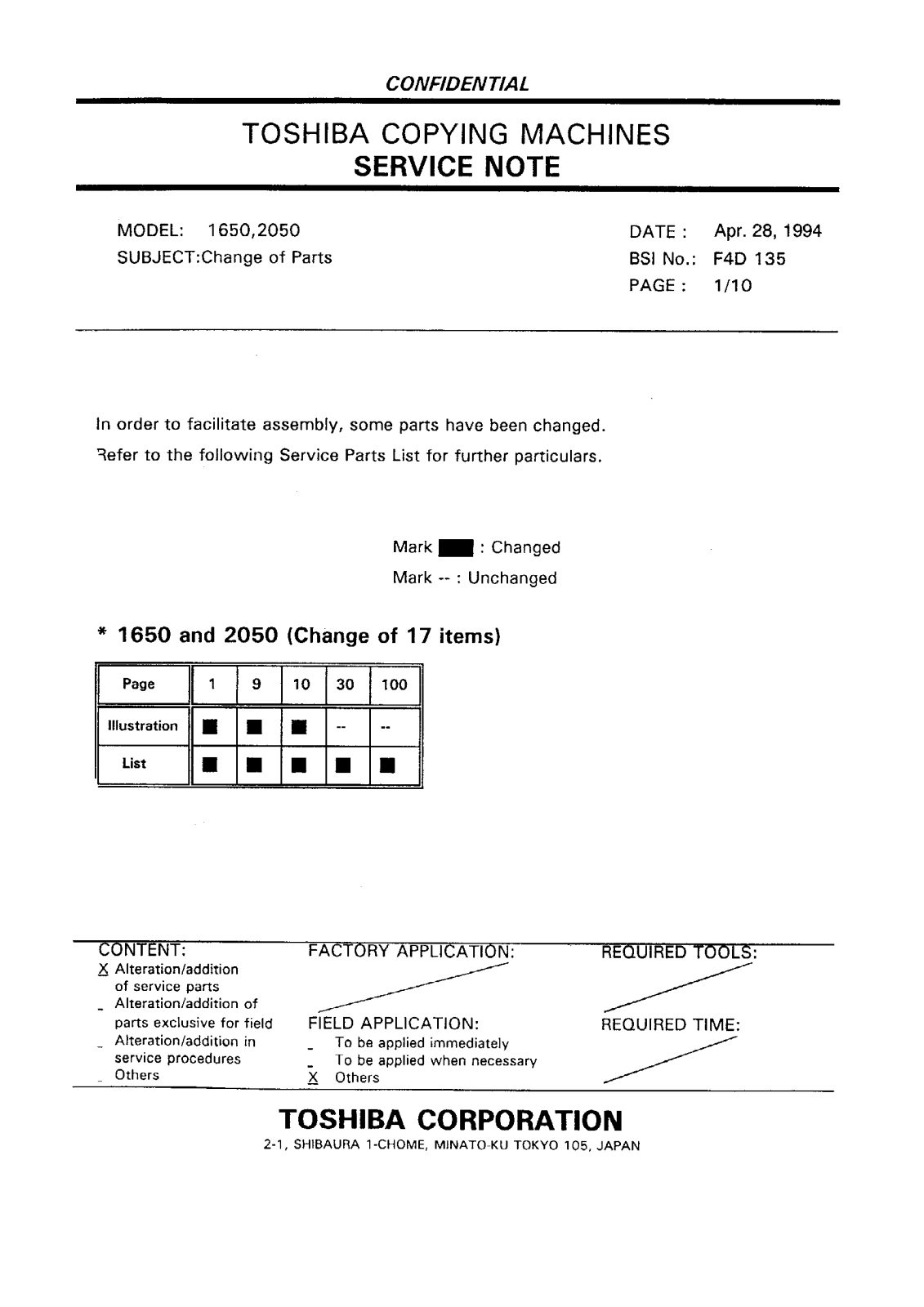 Toshiba f4d135 Service Note