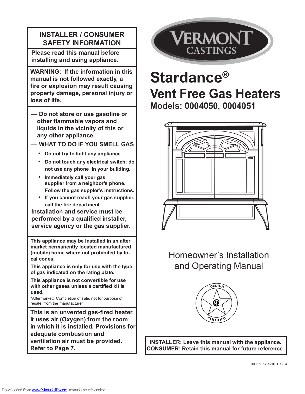 Vermont Castings Stardance 0004050, Stardance 0004051 Homeowner's Installation And Operating Manual