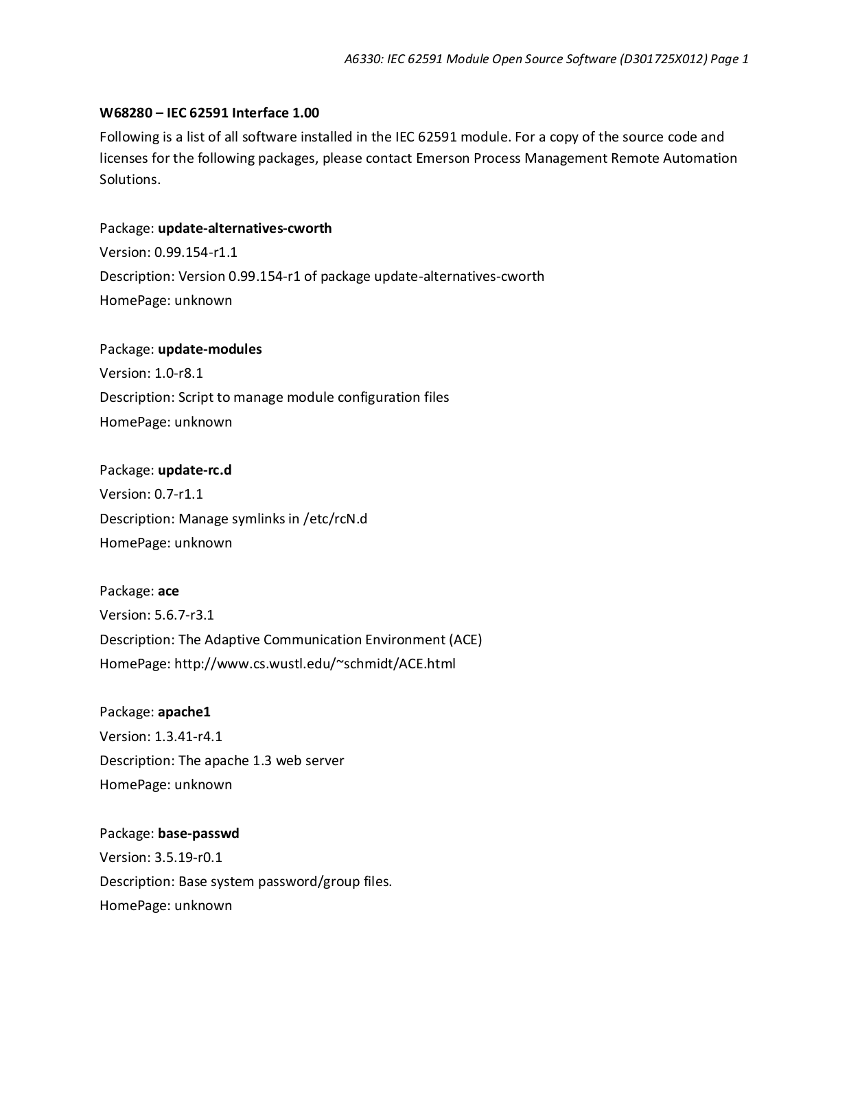 Fisher Manuals & Guides: IEC 62591 Module Open Source Software Listing Manuals & Guides