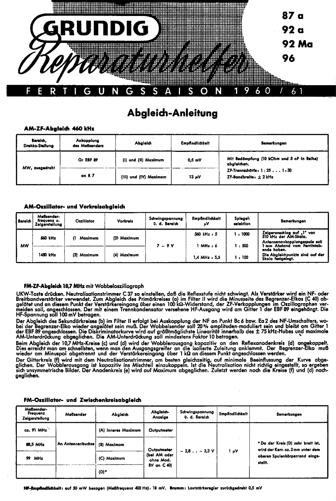 Grundig 96, 92-MA, 92-A, 87-A Service Manual