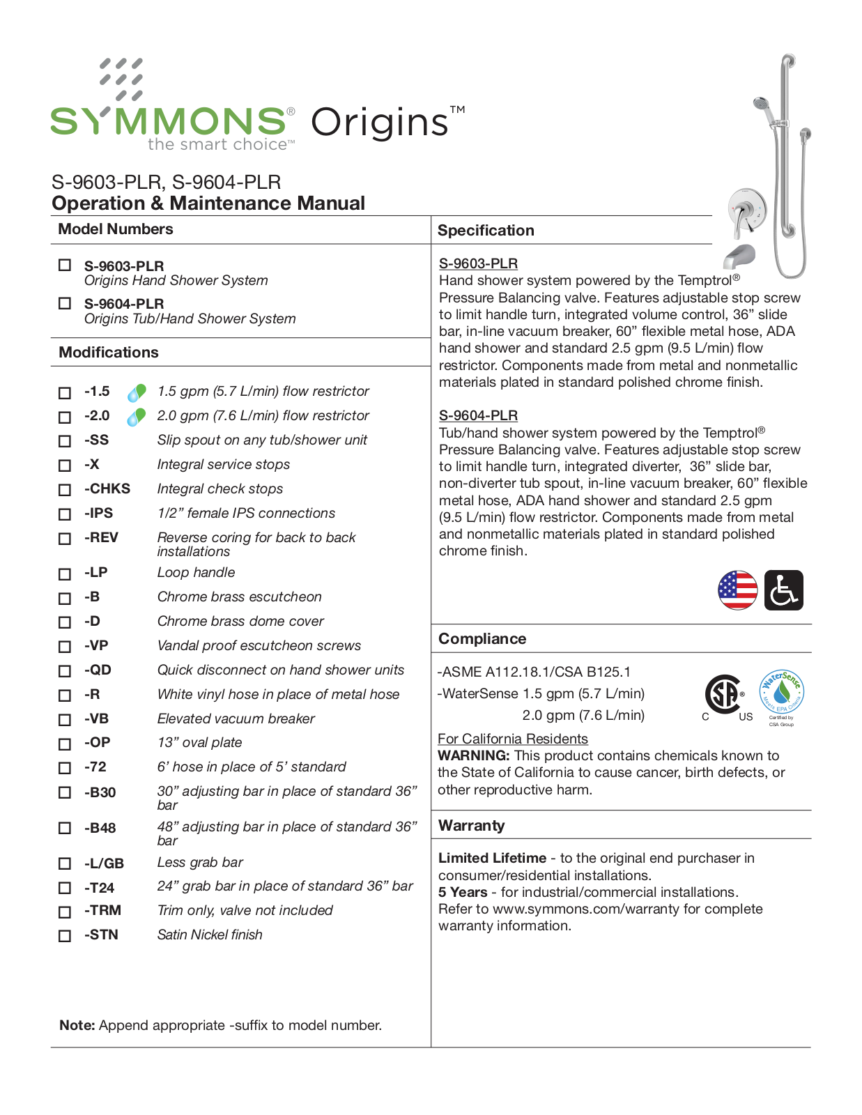 Symmons S-9604-PLR Installation  Manual