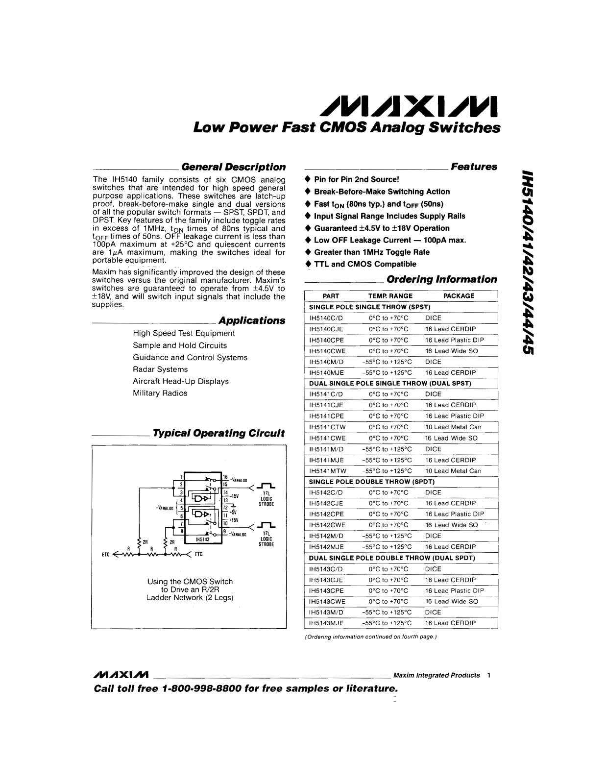 Maxim IH5142M-D, IH5142CWE, IH5142CPE, IH5142CJE, IH5141MTW Datasheet