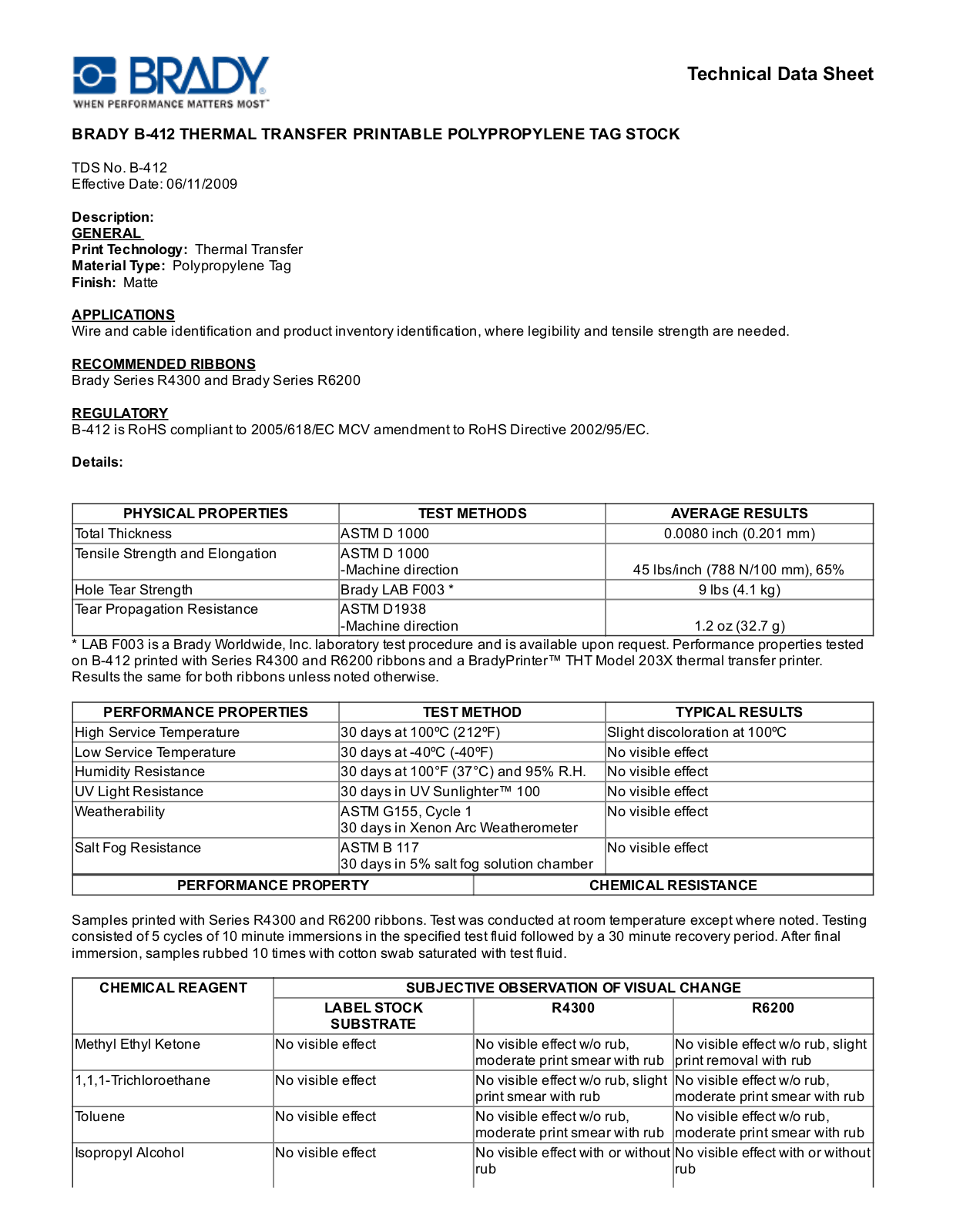 Brady B­412 Technical Data