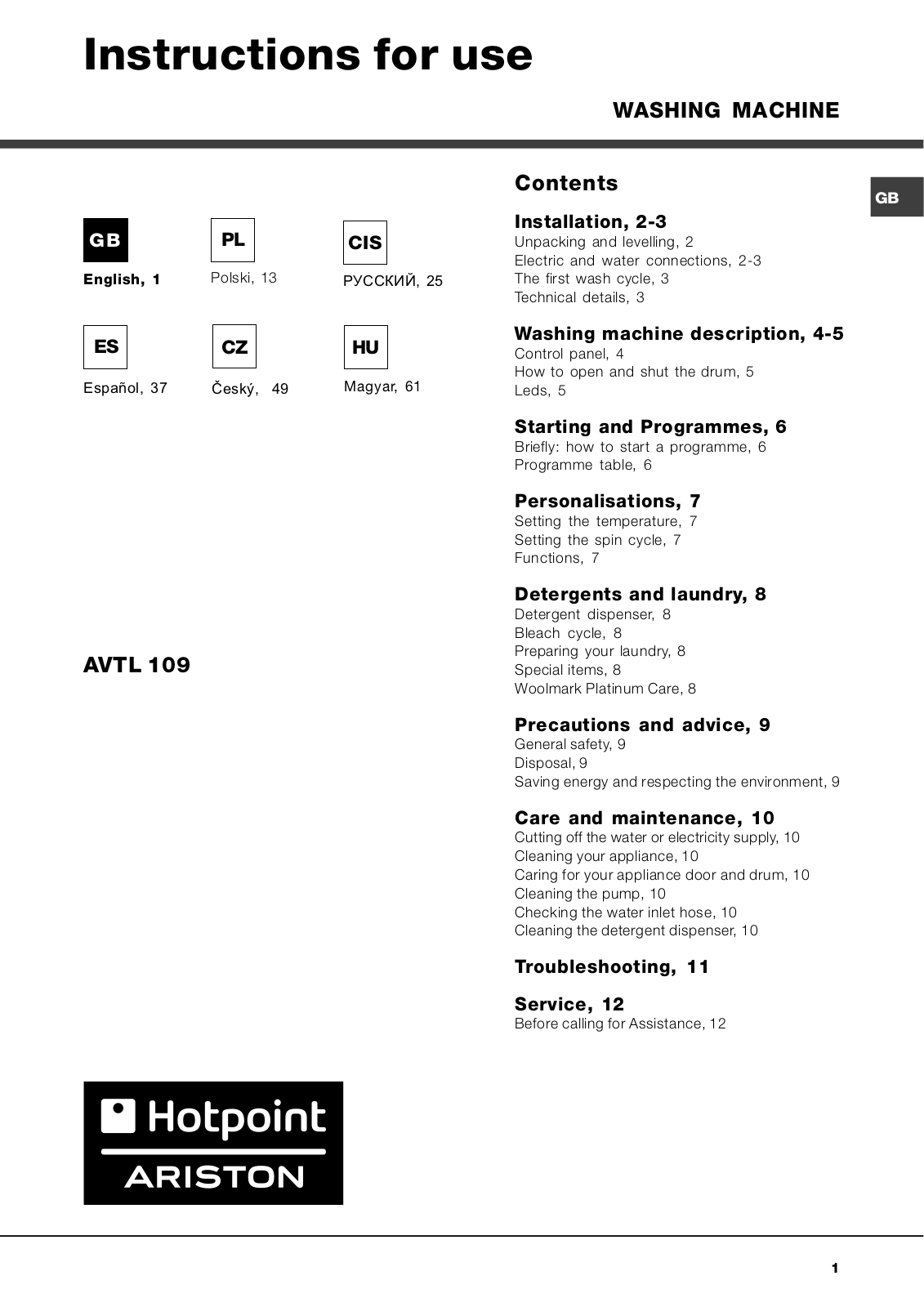 ARISTON Avtl 109 User Manual