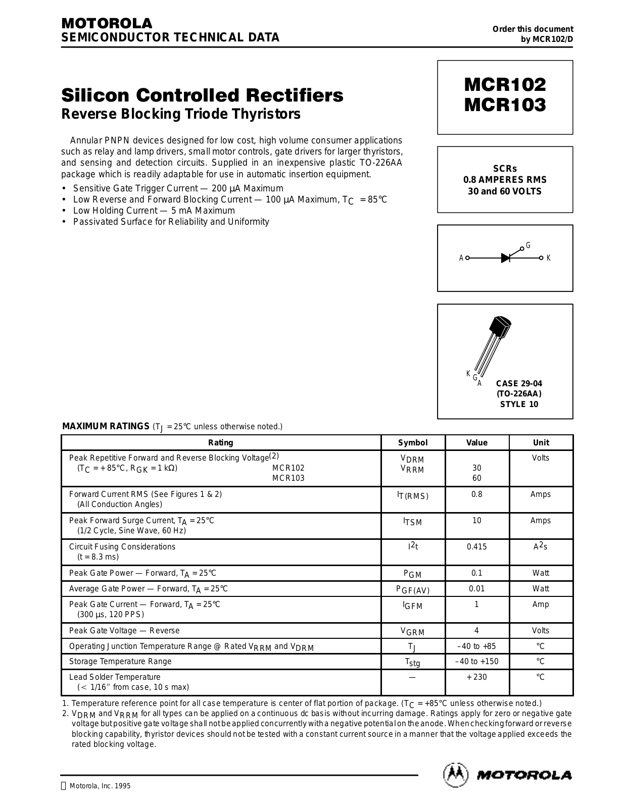 Motorola MCR102, MCR103 Datasheet