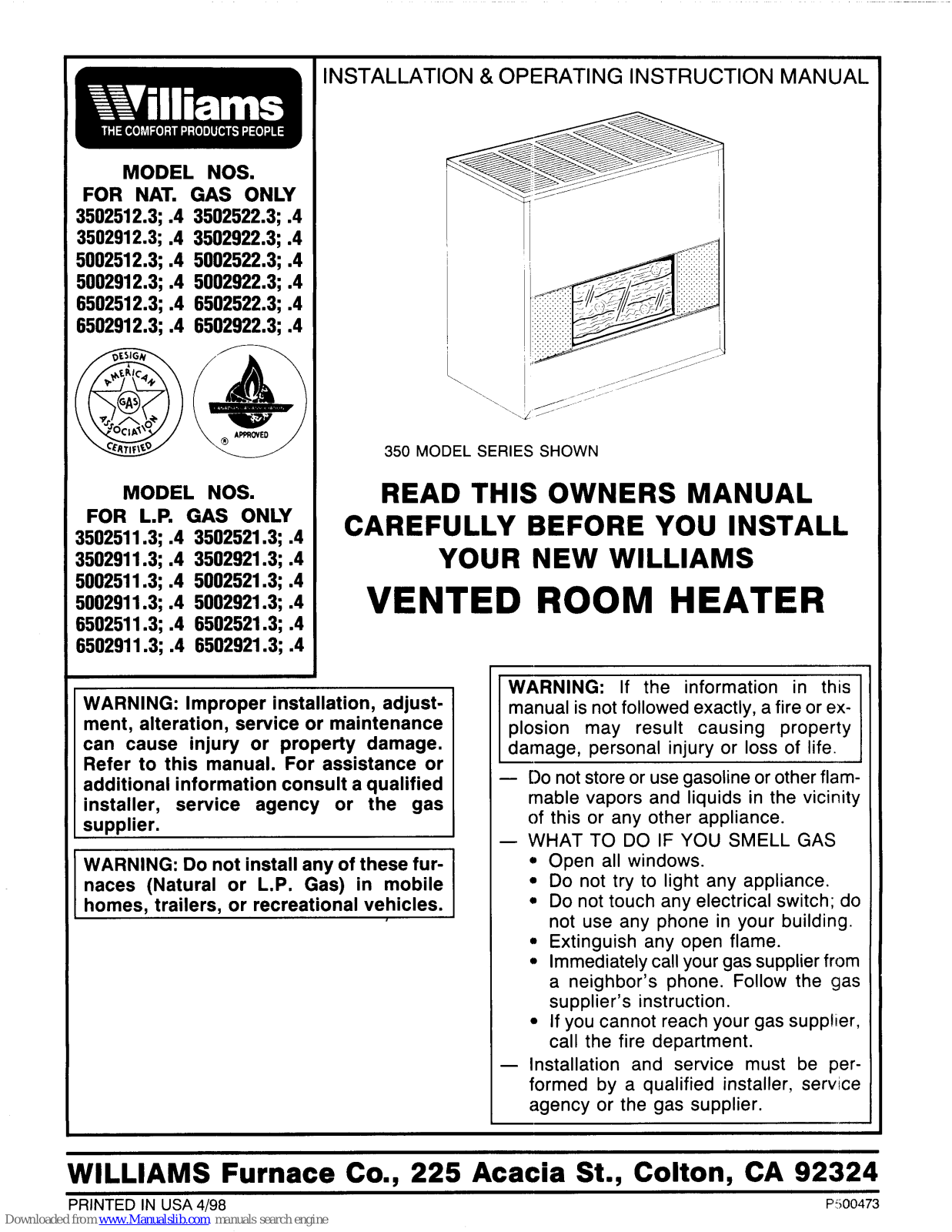 Williams 3502912.3, 5002912.3, 5002512.3, 6502912.3, 3502511.3 Installation & Operating Instructions Manual