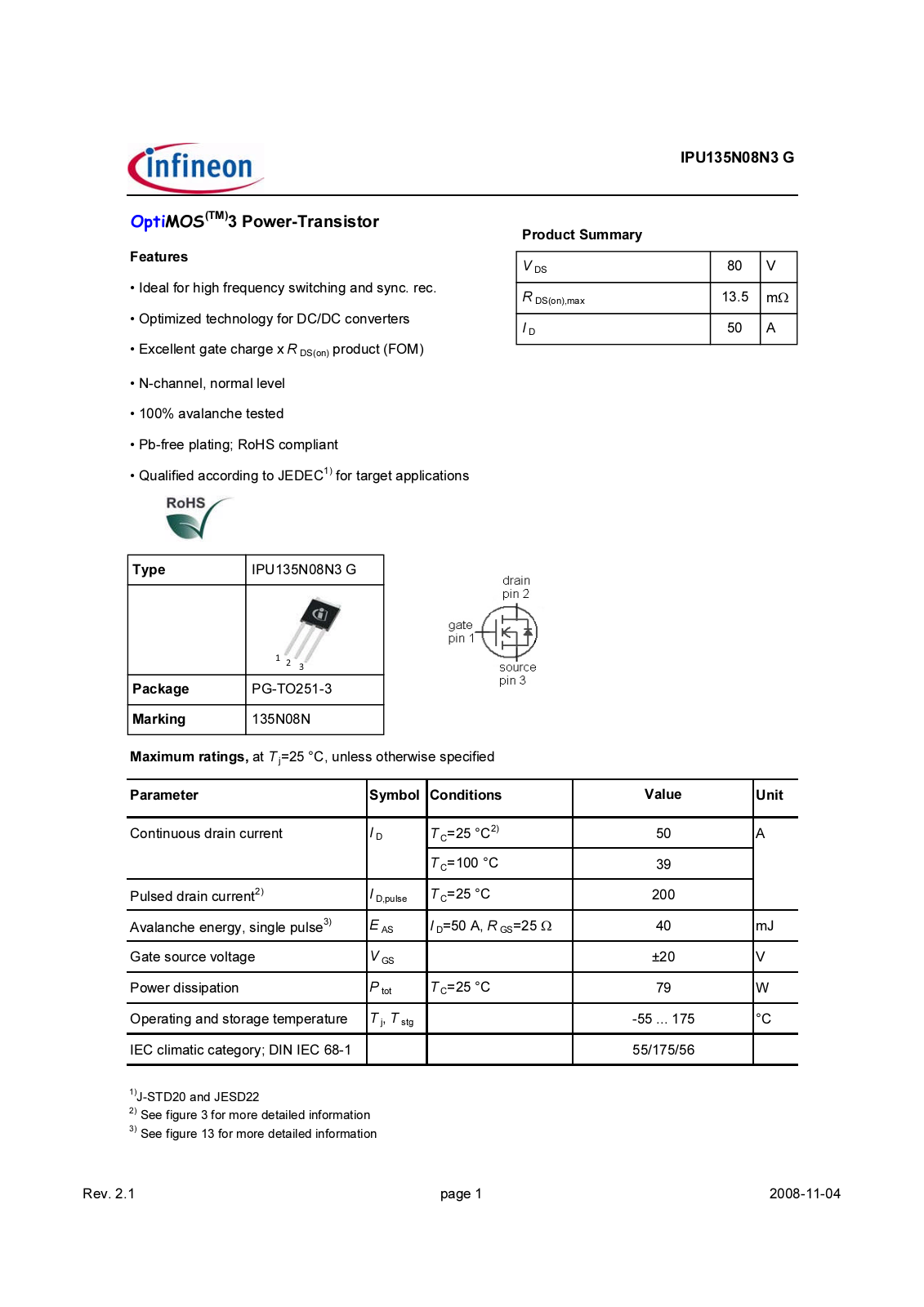 Datasheet ipu135n08n3_rev2.11 Datasheet - ManualMachine.com