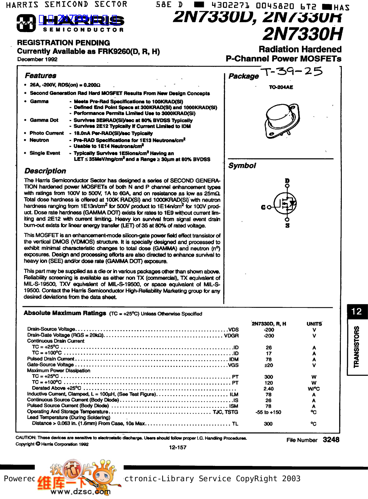 HARRIS Semiconductor 2N7330D, 2N7330R, 2N7330H Service Manual