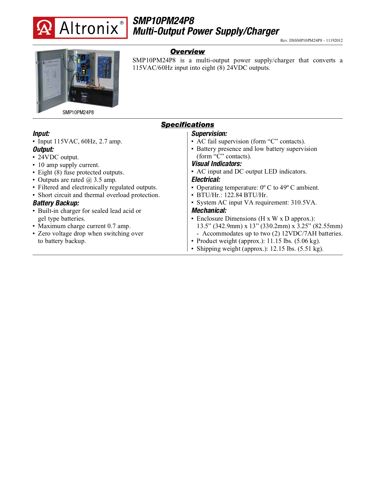 Altronix SMP10PM24P8 Specsheet