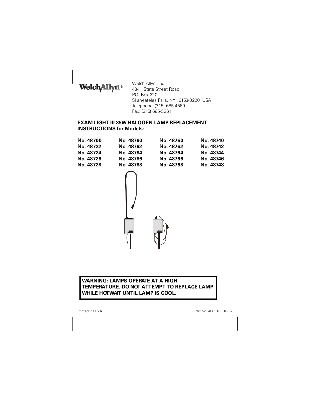 Welch Allyn Exam Light III 35W Halogen Lamp Replacement Instructions User Manual