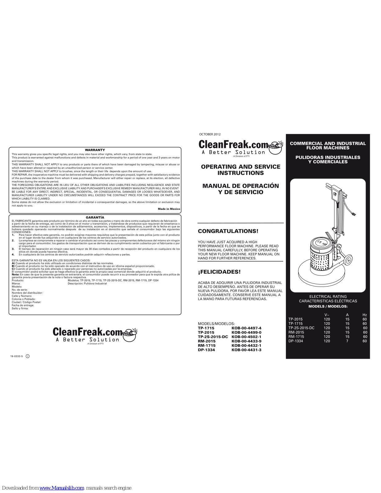 CleanFreak TP-2015, TP-1715, TP-2S-2015-DC, RM-2015, RM-1715 Operating And Service Instructions