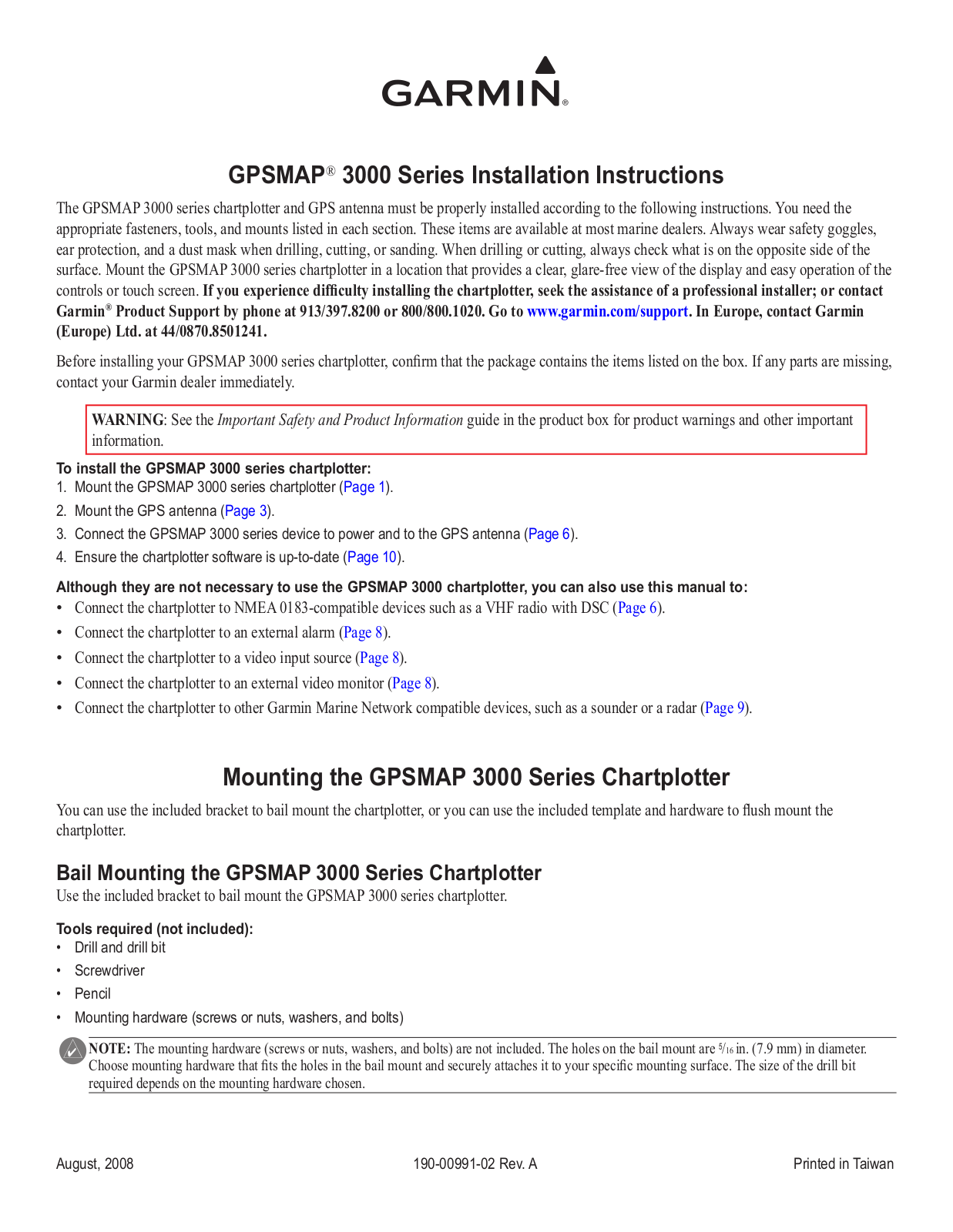 Garmin GPSMAP 3210, GPSMAP 3205, GPSMAP 3206, GPSMAP 3010C, GPSMAP 3005C Installation Instructions