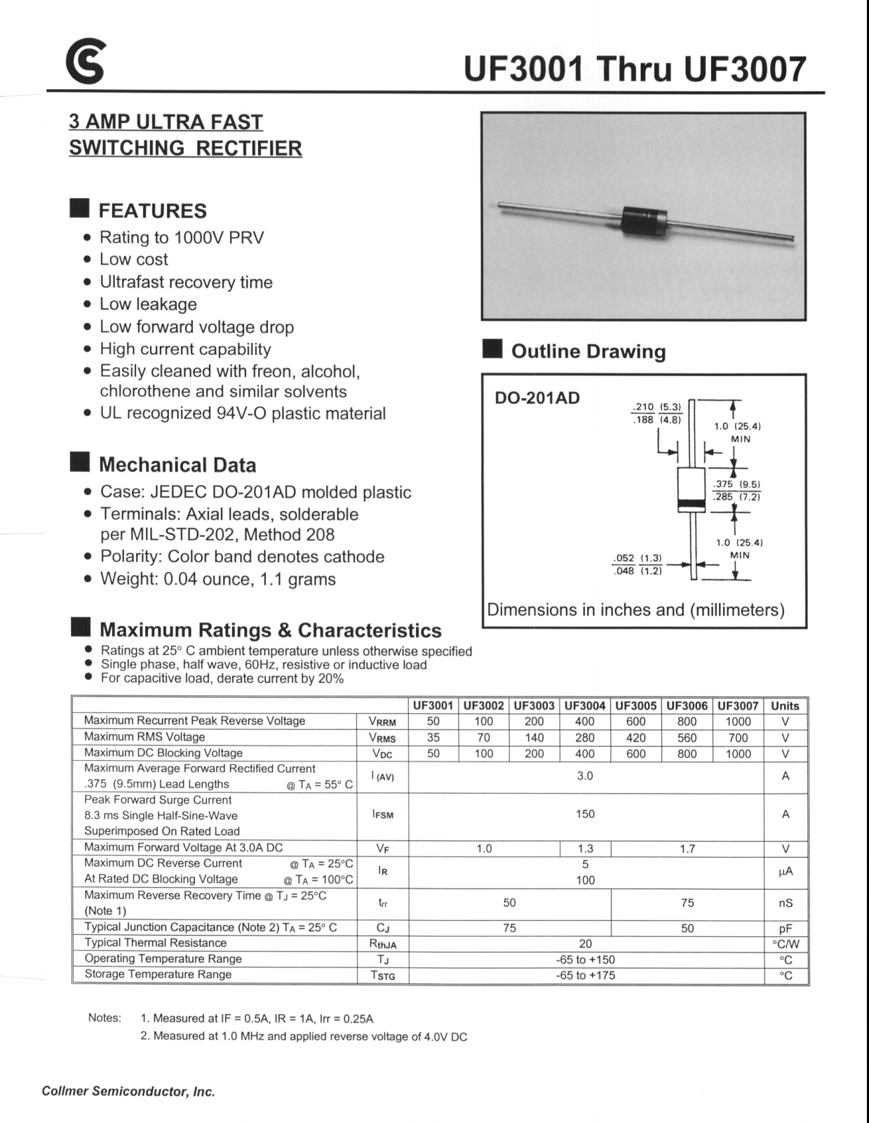 Collmer Semiconductor UF3006, UF3005, UF3004, UF3003, UF3002 Datasheet