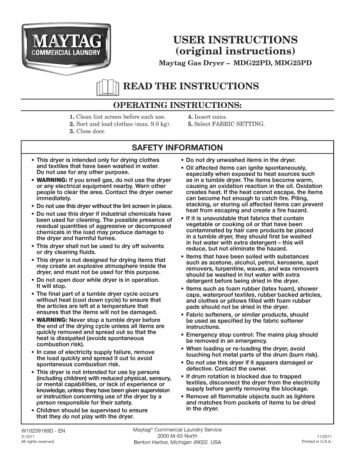 Maytag MDG25PNAGW1, MDG25PDAGW1 Owner’s Manual