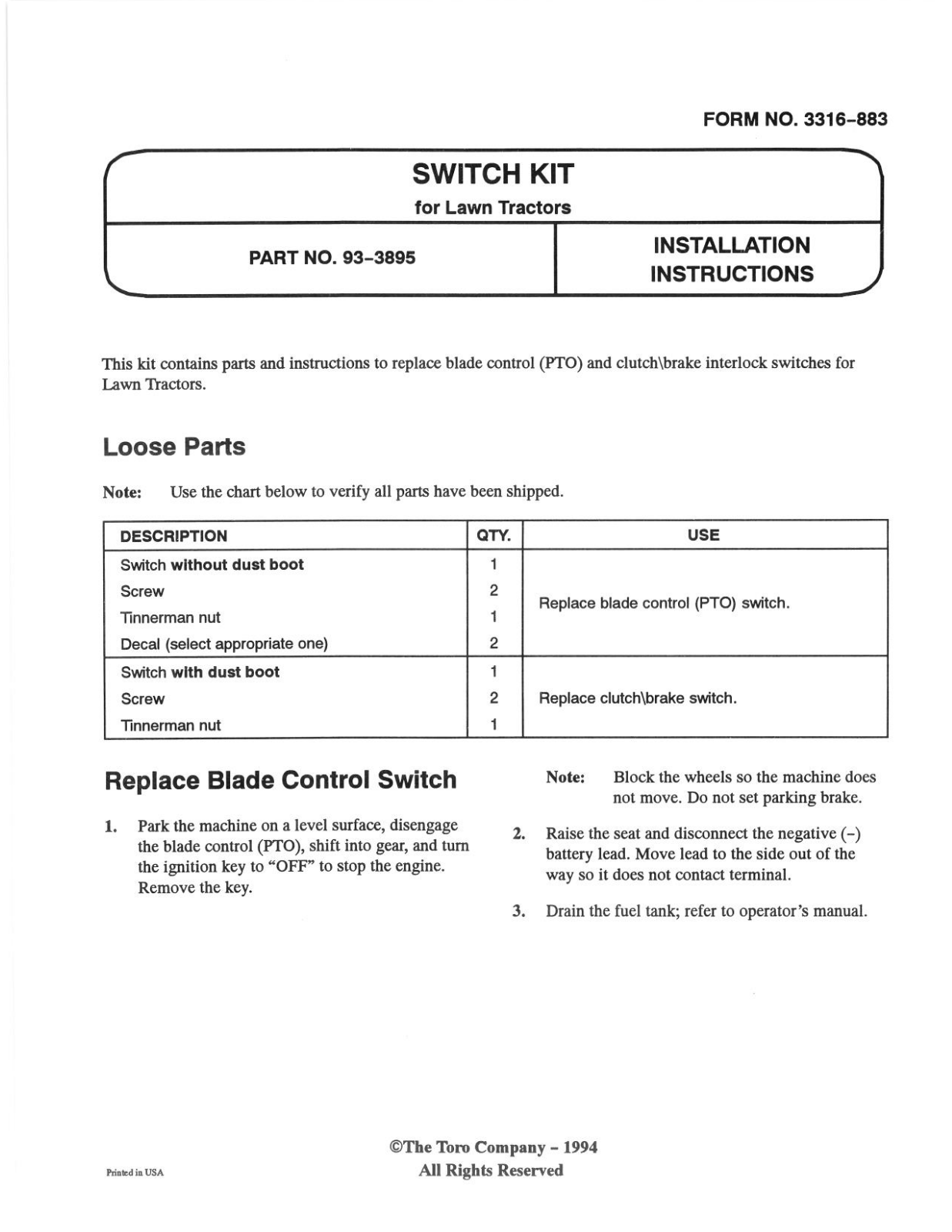 Toro 93-3895 Installation Instructions