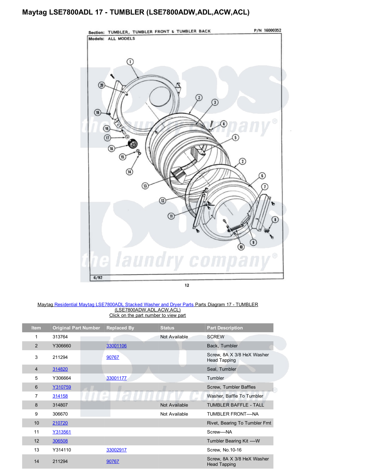 Maytag LSE7800ADL Stacked and Parts Diagram