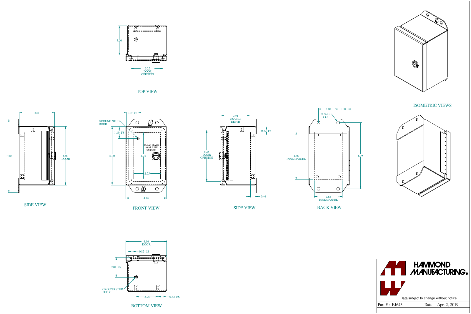 Hammond Manufacturing EJ643 technical drawings