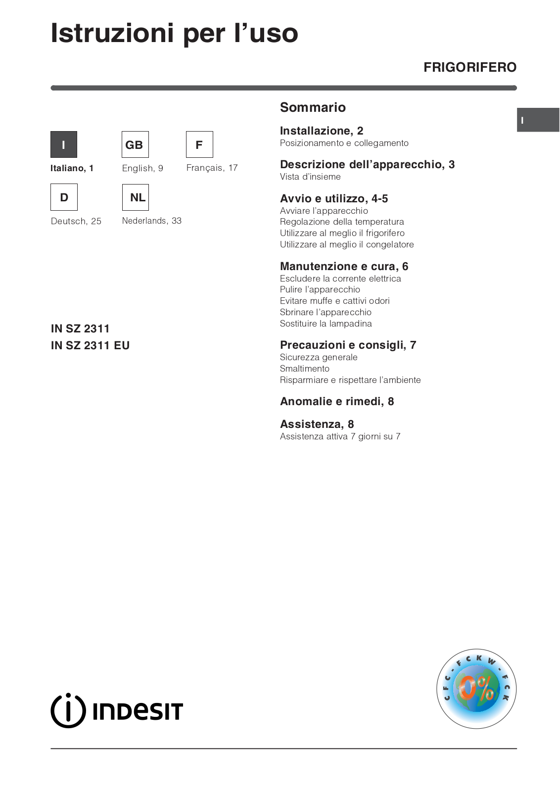 Indesit IN SZ 2311, IN SZ 2311 EU User Manual