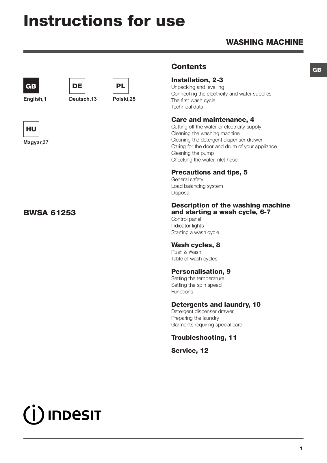 Indesit BWSA 61253 W operation manual