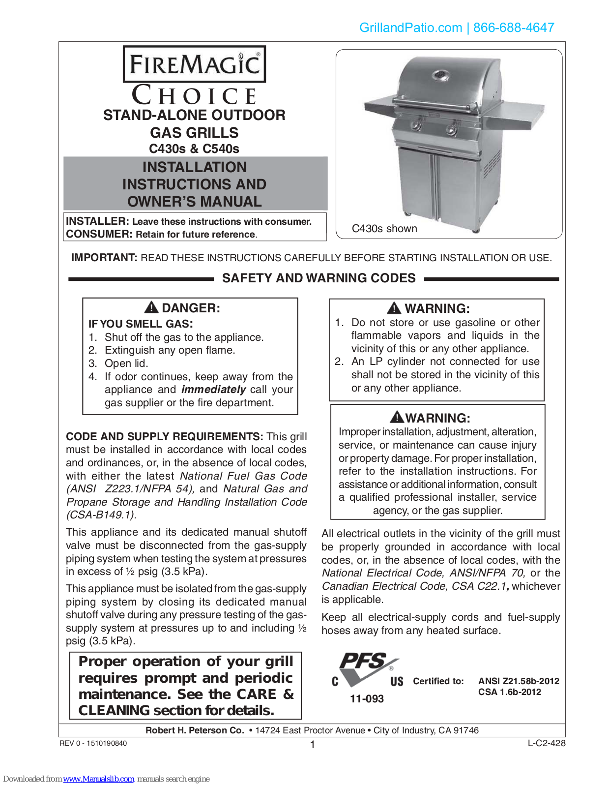 FireMagic CHOICE C430S, CHOICE C540S Installation Instructions And Owner's Manual