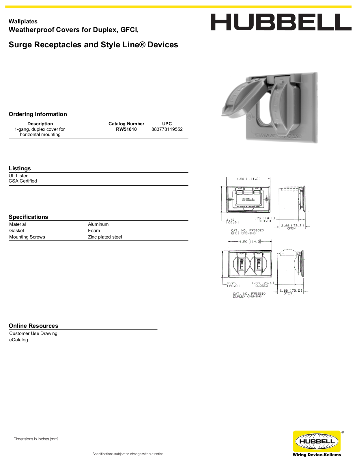 Hubbell RW51810 Specifications