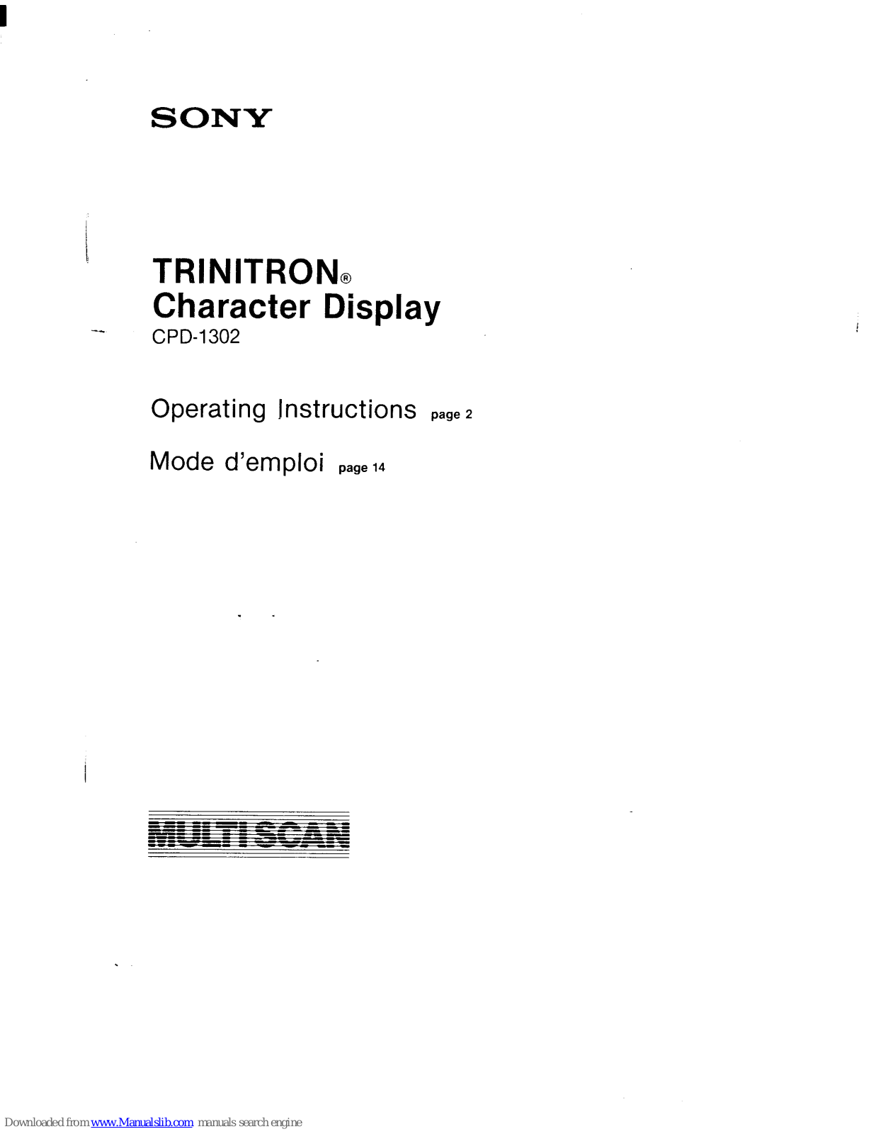 Sony CPD-1302 Operating Instructions (primary manual), CPD-1302AW2, CPD-1302AW2E, CPD-1302AW2M, CPD-1302AW2P Operating Instructions Manual