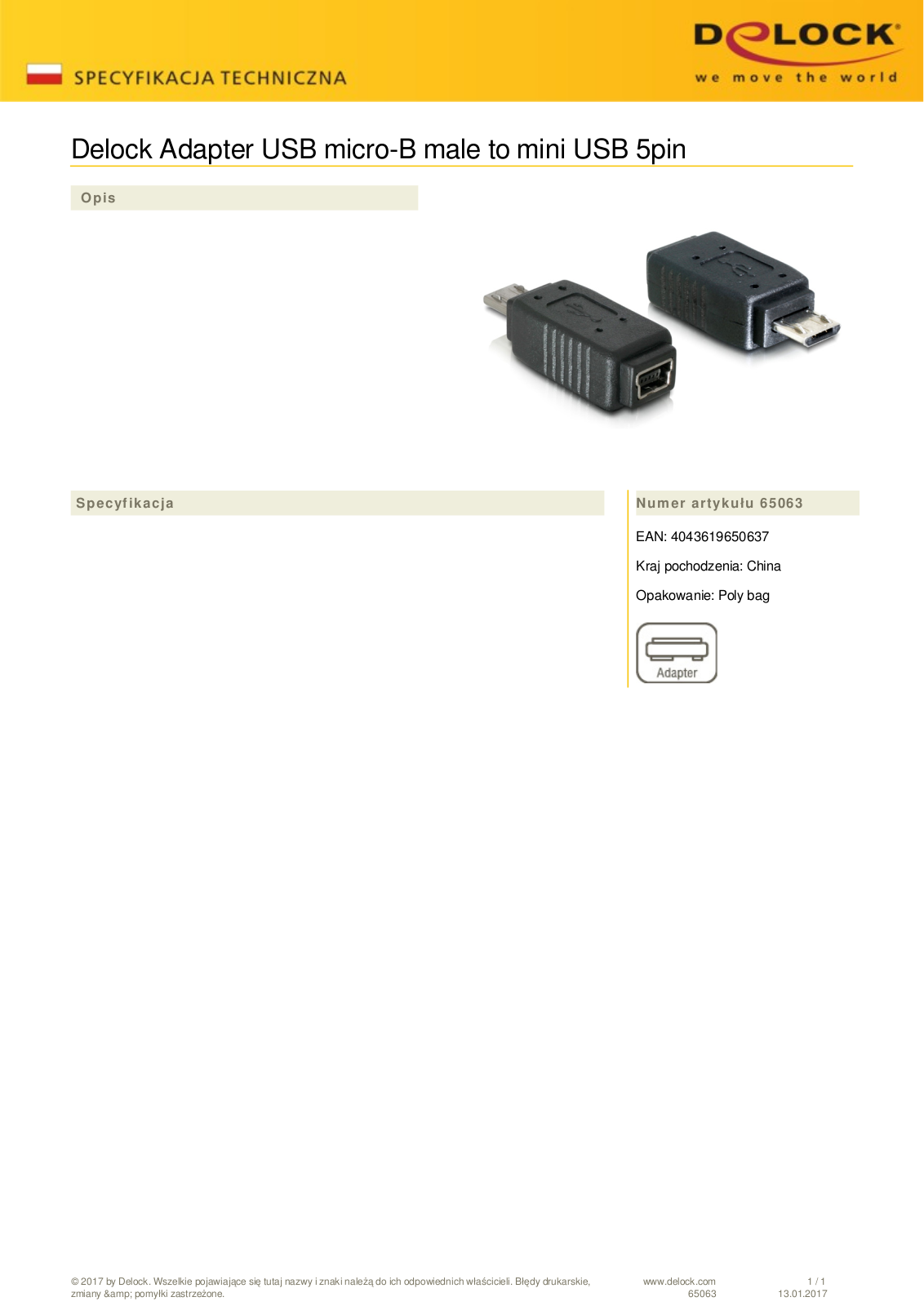 DeLOCK USB 2.0 adapter, micro-B  plug  on mini-B 5-pin  socket User Manual